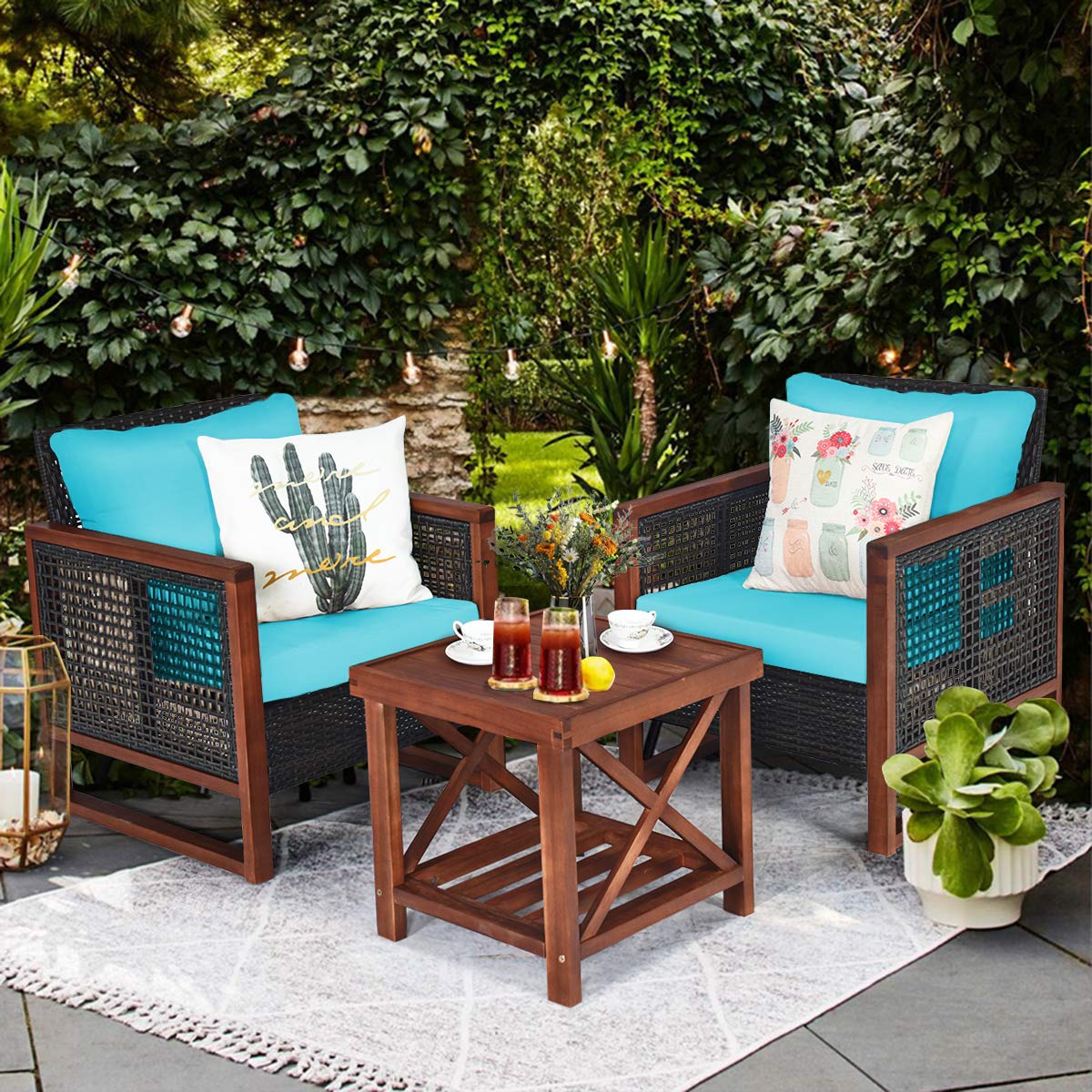 Tangkula 3-Piece Patio Furniture Set - All-Weather Wicker Sofa with Washable Cushions & Acacia Wood Coffee Table - Outdoor Conversation Set for Garden, Balcony, Backyard, Poolside (Turquoise) - Perfect for Relaxing, Entertaining & Enjoying Outdoor Living