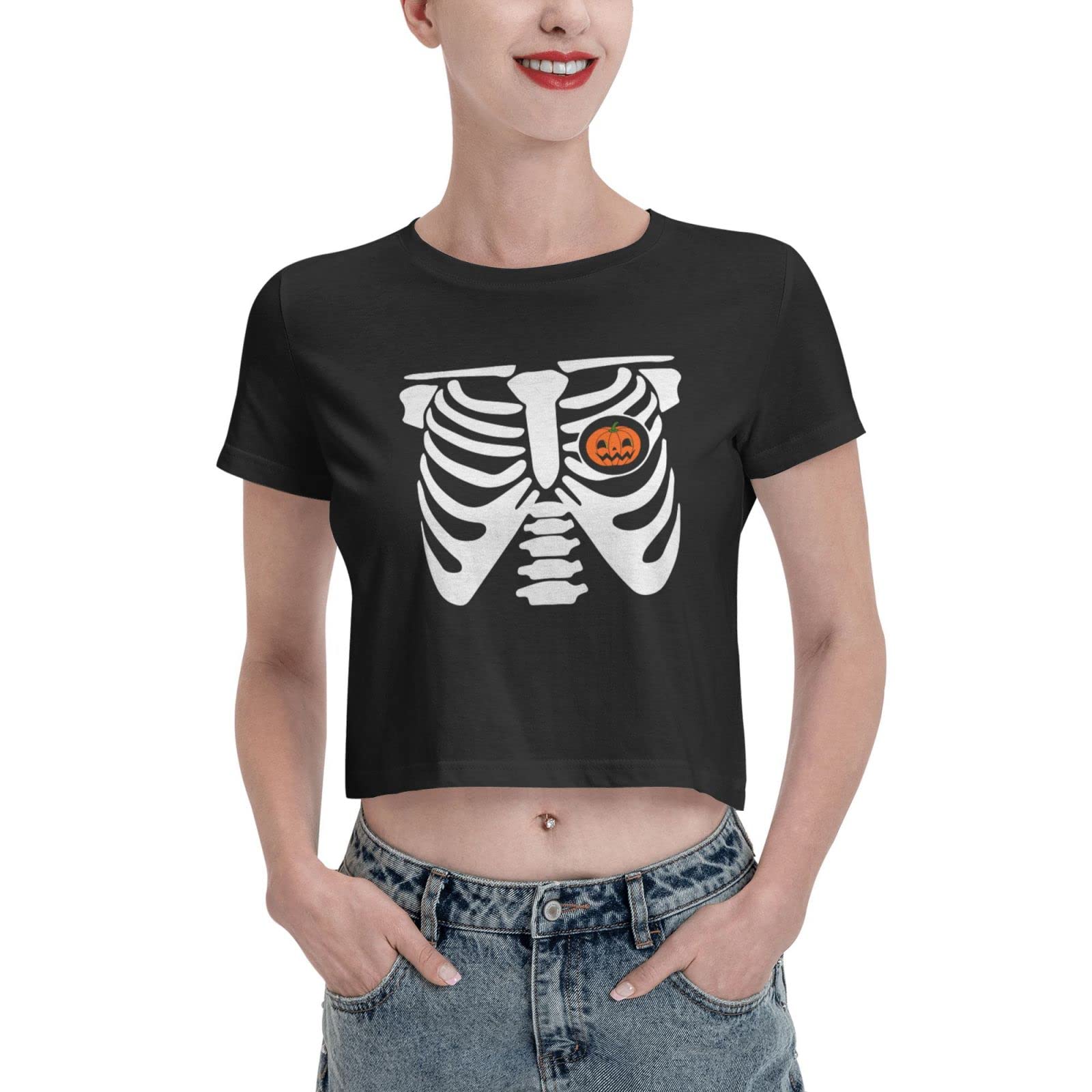 Halloween Pumpkin Skeleton Women's Crop Top T-Shirt | Soft Short Sleeve Tee for Girls | Perfect for Halloween Parties, Cosplay & Spooky Outfits