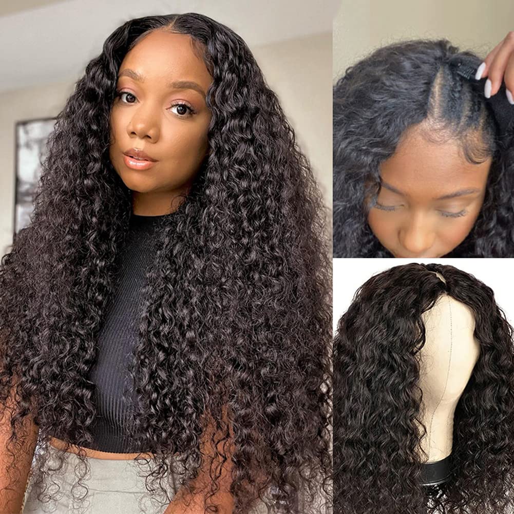 ISEE 18 Inch Brazilian Human Hair V Part Wig - Water Wave Curly Glueless No Leave Out U Part Wigs for Black Women (180% Density, Natural Color) - Perfect for Daily Wear, Parties & Special Occasions