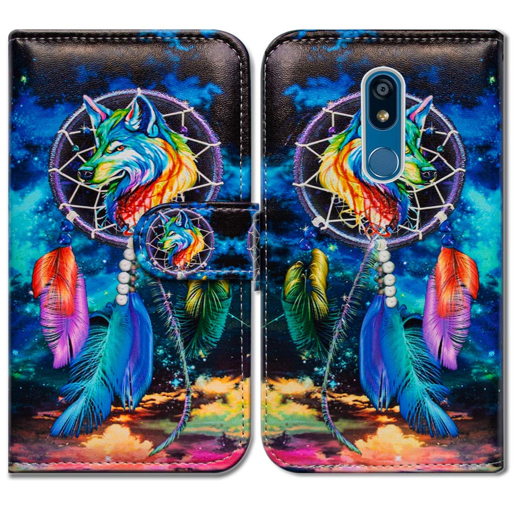 Premium Leather Flip Wallet Case for LG K40/K12 Plus/X4/Solo LTE/Harmony 3/Xpression Plus 2 - Dream Catcher Wolf Sky Design with Card Slots & Kickstand | Perfect for Work, Travel and Everyday Protection