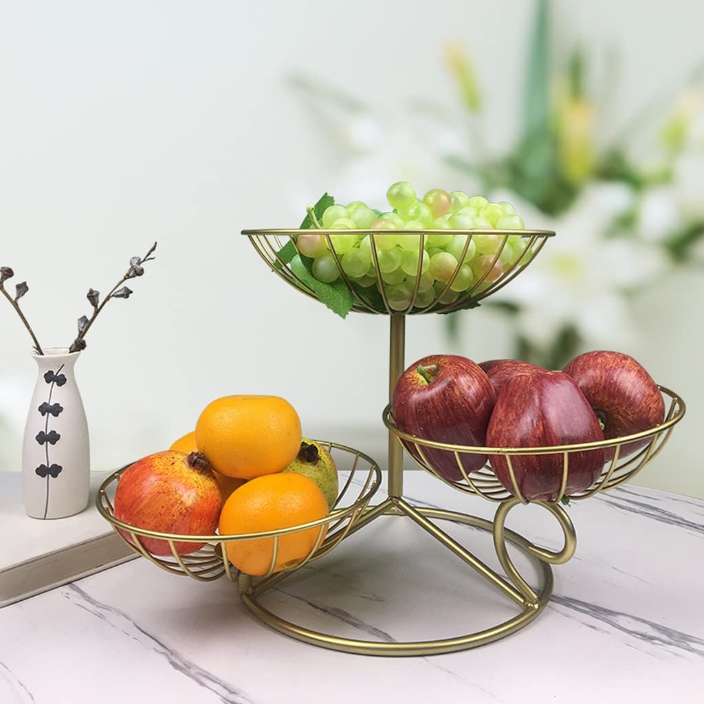 3-Tier Metal Wire Fruit Basket - Standing Organizer for Fruits, Vegetables, Bread & Snacks | Rustic Brown Home Decor | Perfect for Kitchen Counter, Dining Table & Pantry Storage
