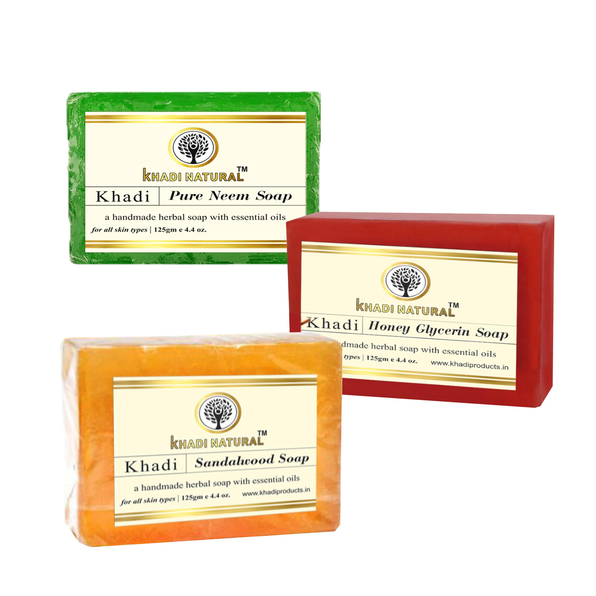 Khadi Natural Handmade Herbal Soap Bar Pack - Organic Neem Sandalwood Honey Soap with Essential Oils for Soft & Healthy Skin - 3x125g - Perfect for Daily Bathing, Spa Day & Gift Giving
