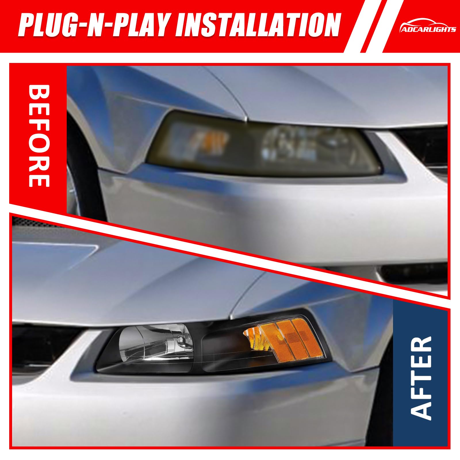 1999-2004 Ford Mustang Headlights - Black Housing with Amber Reflector (Driver & Passenger Side) | Direct Fit Replacement for Improved Night Visibility | Perfect for Street Racing & Car Shows