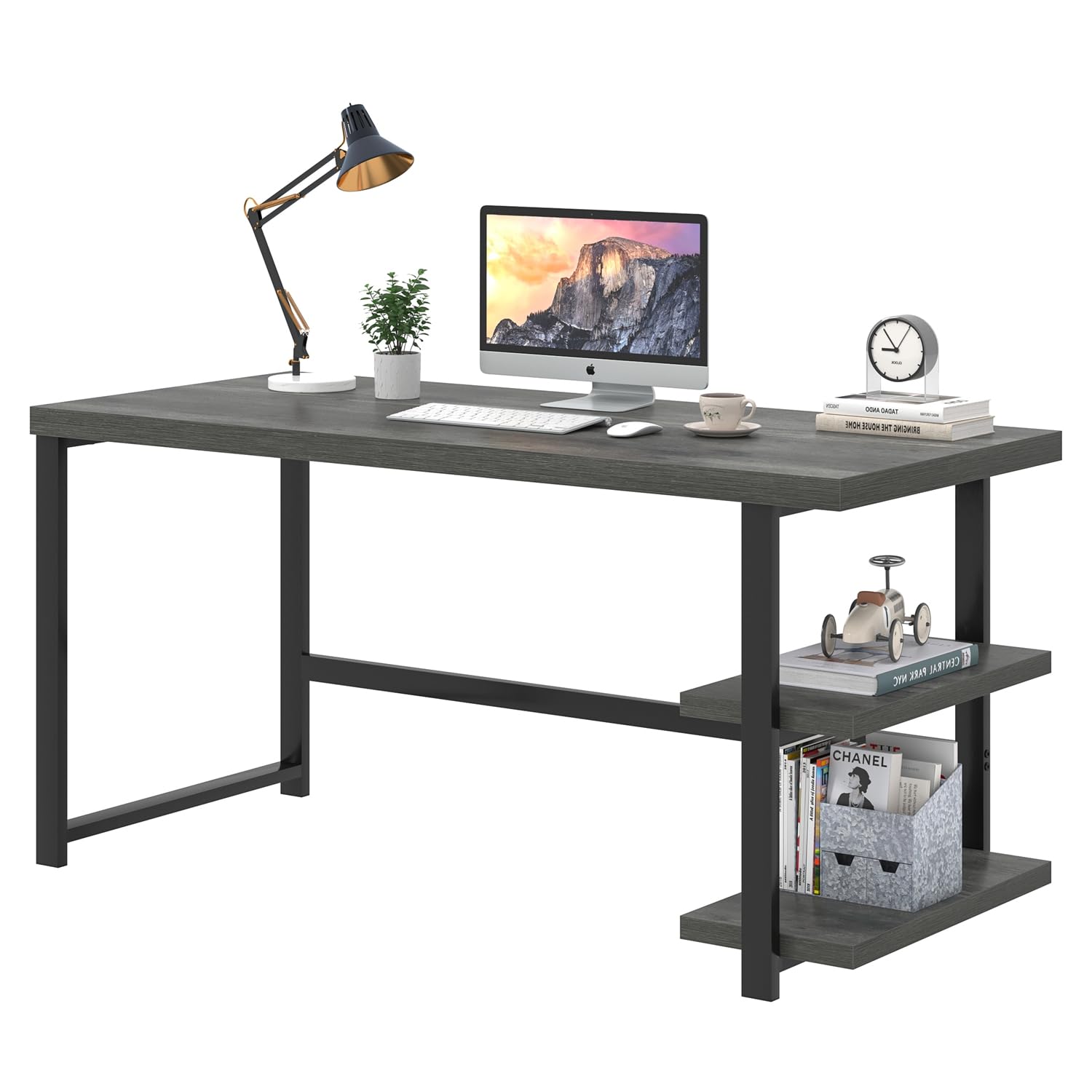 EXCEFUR 53 Inch Industrial Computer Desk with Storage Shelves - Sturdy Wood Study Writing Table for Home Office, Bedroom & Living Room - Grey | Perfect for Remote Work, Gaming & Study Spaces