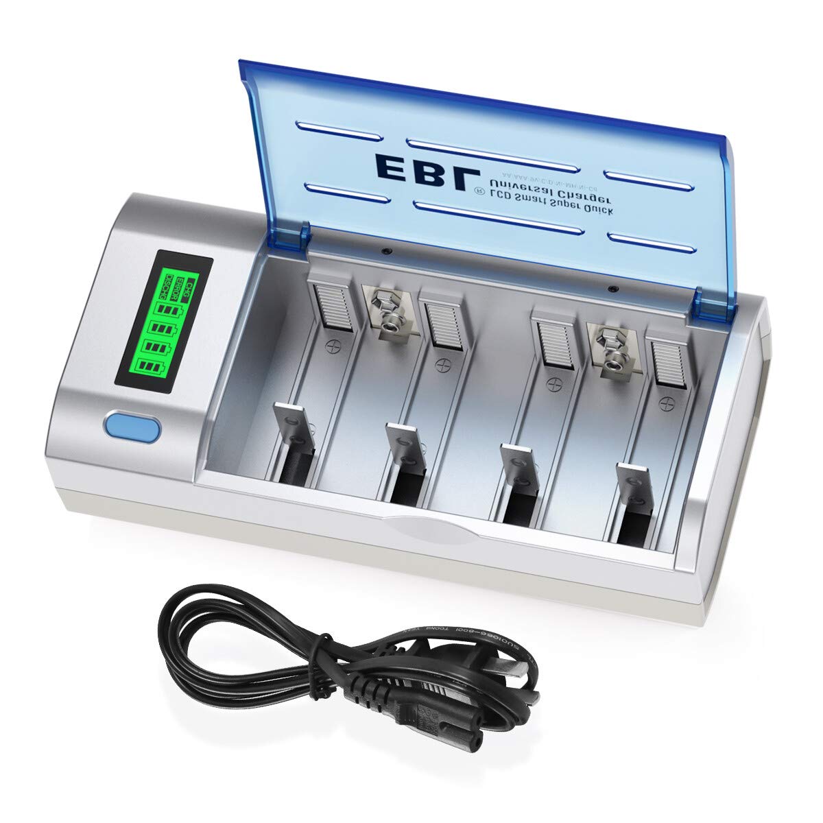 EBL Smart Battery Charger for C, D, AA, AAA, 9V Ni-MH Ni-CD Rechargeable Batteries - LCD Display with Discharge Function | Universal Charging Station for Home, Office & Travel Use