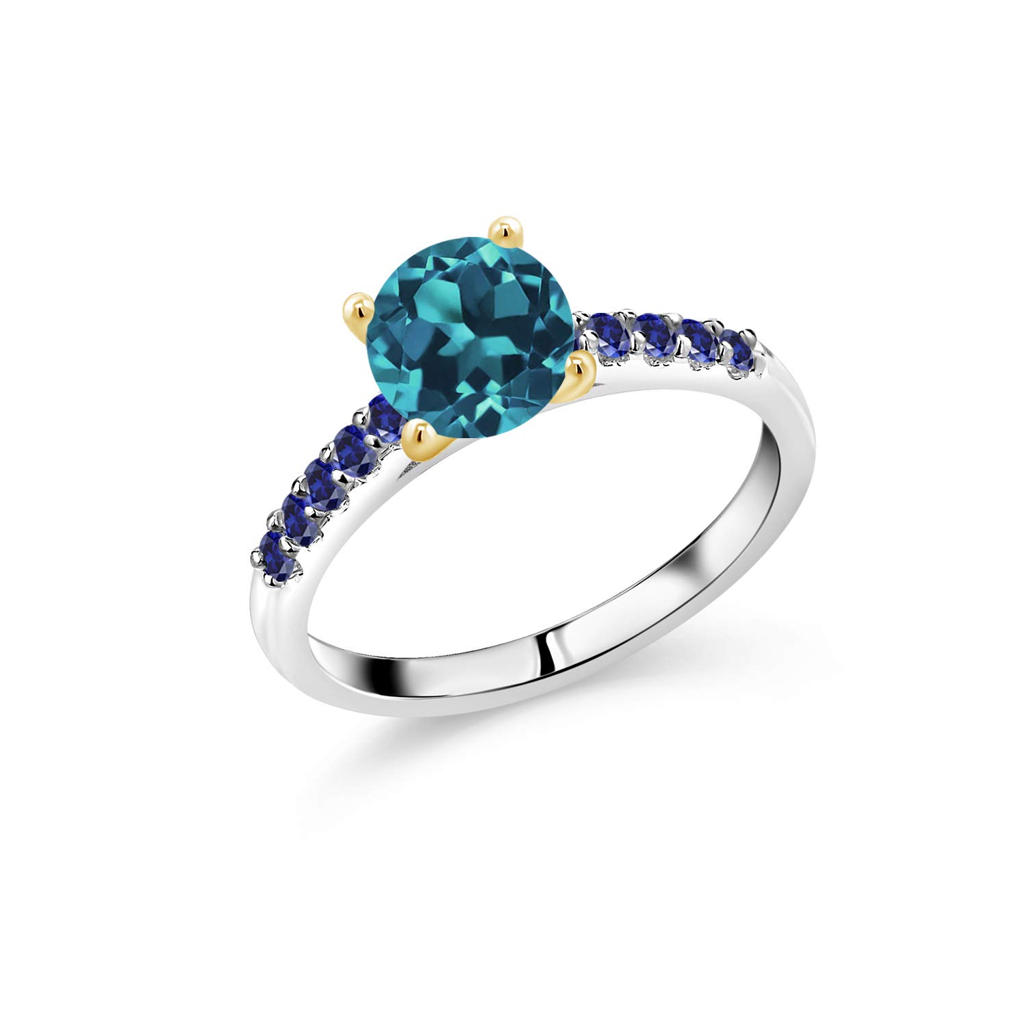 2.15 Ct London Blue Topaz & Blue Created Sapphire 10K White Gold Ring with Yellow Gold Prongs - Elegant Gemstone Jewelry for Women, Perfect for Engagement, Wedding & Special Occasions