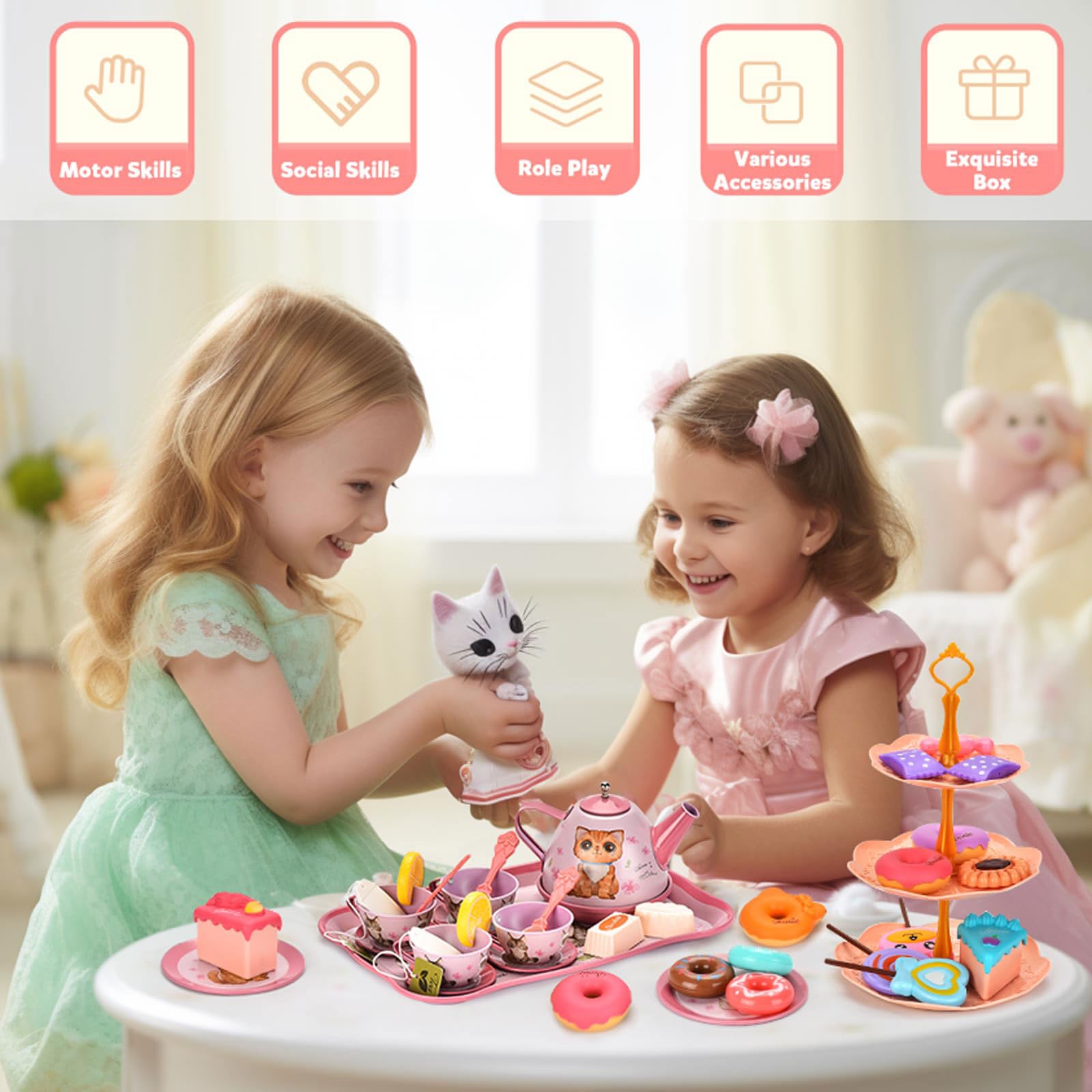52-Piece Pretend Play Tea Set for Toddlers & Kids Ages 3-6 - Pink Tea Party Toys with Desserts & Metal Carrying Case - Perfect Birthday Gift, Christmas Stocking Stuffer for Girls - Fun Role Play for Playdates, Tea Parties & Imaginative Play