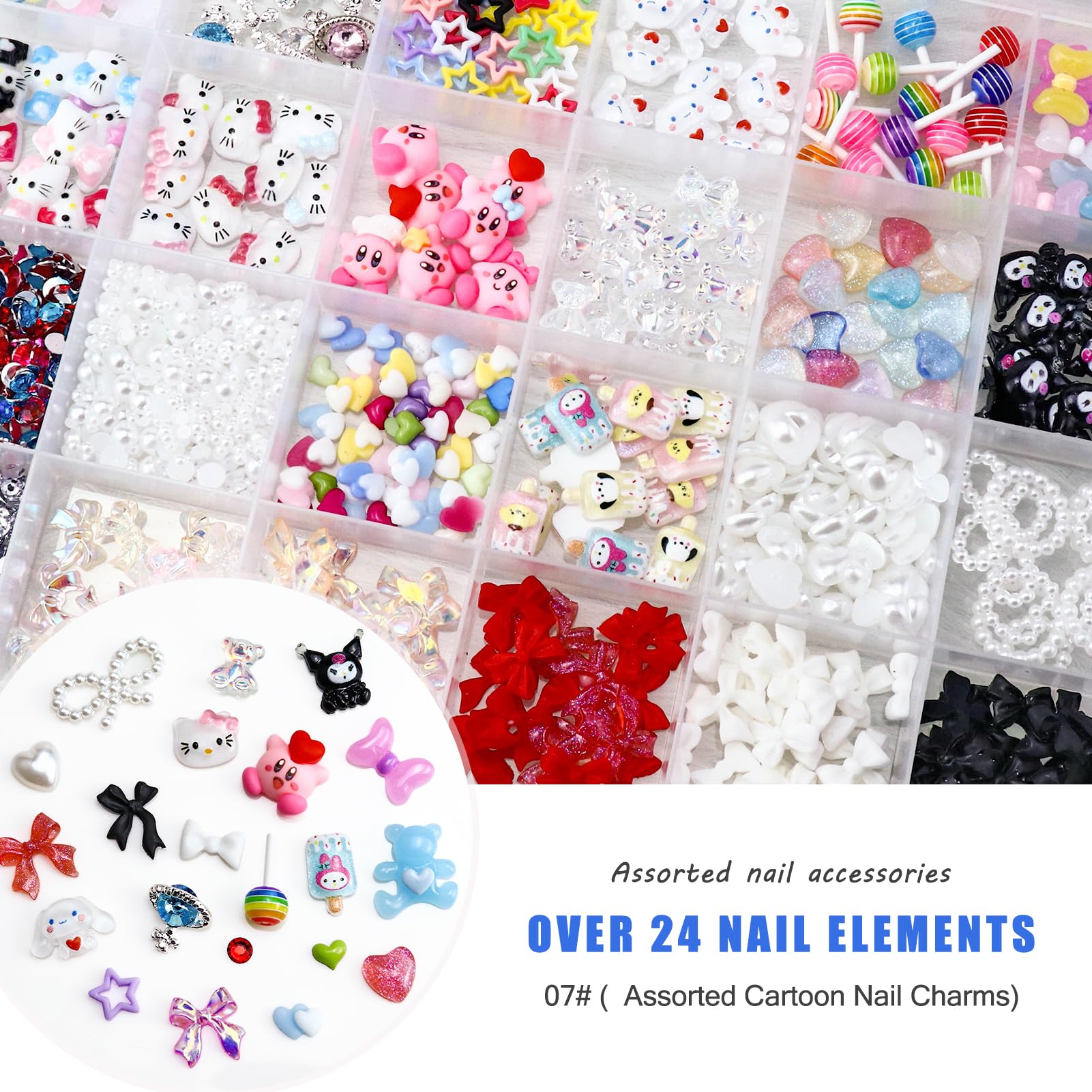 3D Nail Charms Kit - Kawaii Kitty, Bowknot, Lollipop, Bear, Planet & Cross Nail Art Decorations with Rhinestones & Pearls for DIY Nail Design - Perfect for Manicures, Salon Use & DIY Crafts Accessories