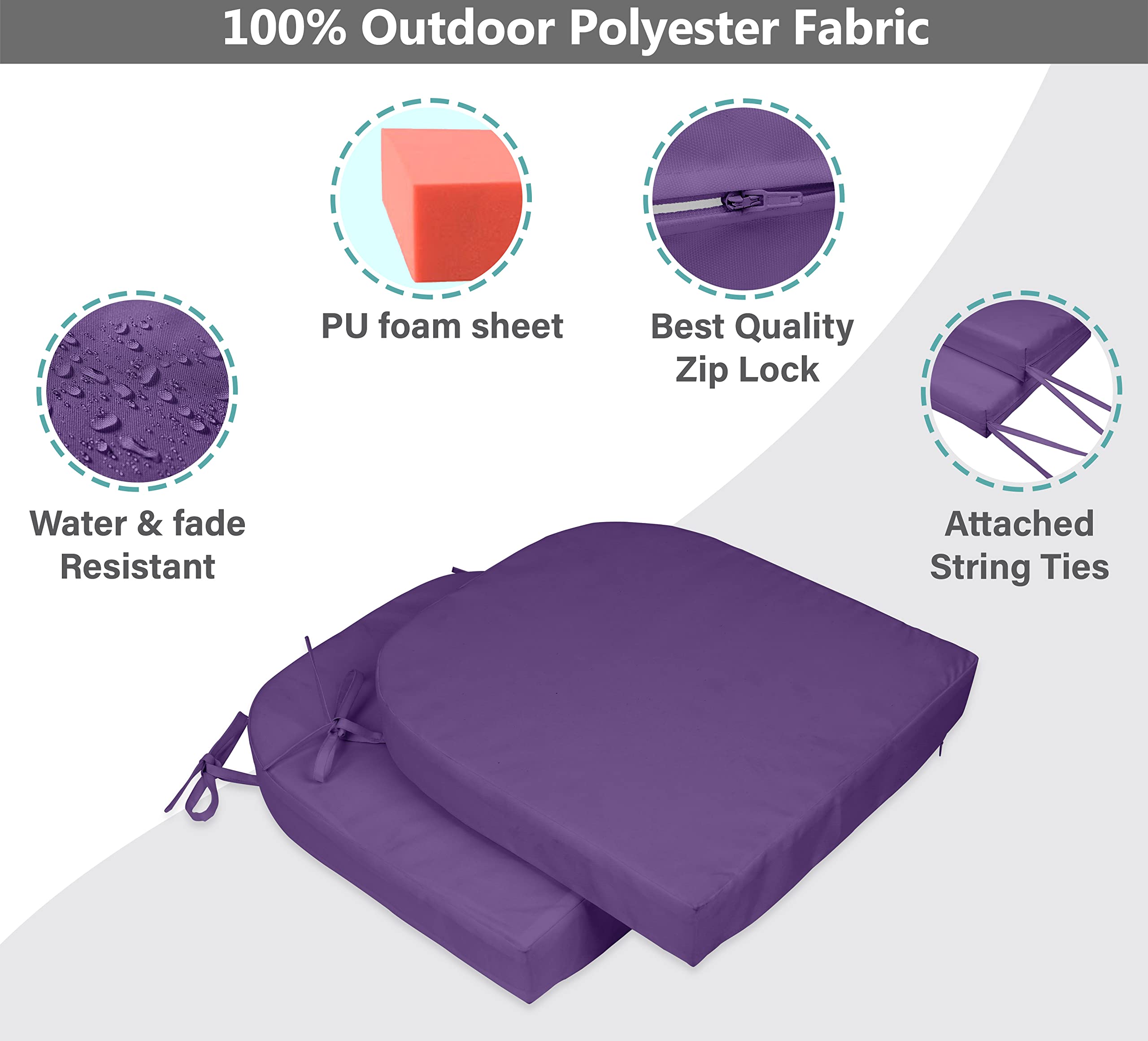 Premium Indoor/Outdoor Chair Cushions 16x18 Inch - Round Back Patio Seat Cushions with Ties for Garden Furniture, Set of 2 (Lavender) - Perfect for Porch, Deck, Balcony & Backyard Relaxation