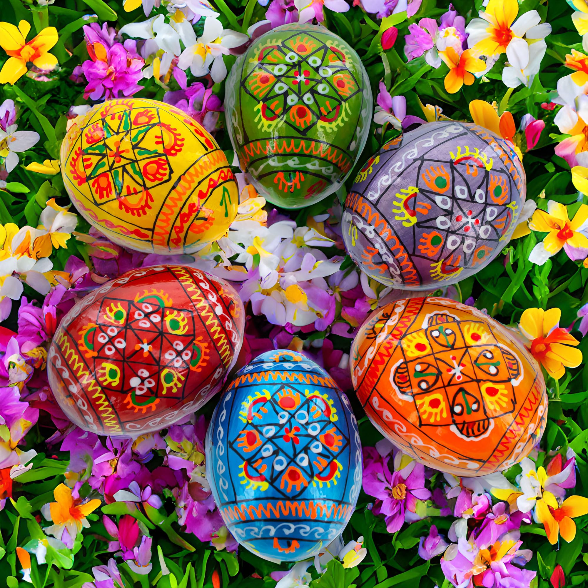 Set of 6 Pearlized Ukrainian Pysanky Wooden Easter Eggs 2.5 Inches - Perfect for Easter Decorations, Gift Giving, and Holiday Crafting