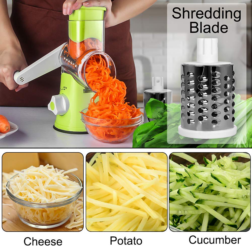Premium Rotary Cheese Grater - 3 Interchangeable Stainless Steel Blades for Effortless Shredding | Perfect for Cheese, Vegetables, Nuts & Fruits | Easy to Clean Kitchen Gadget (Green) - Ideal for Meal Prep, Pizza Topping & Salad Making