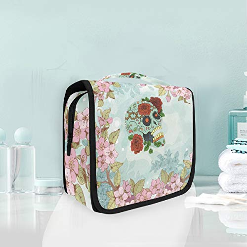 Foldable Hanging Toiletry Bag with Pink Skull Flower Design - Waterproof Cosmetic & Makeup Travel Organizer for Women & Girls - Perfect for Bathroom, Gym, Camping & Vacation Trips