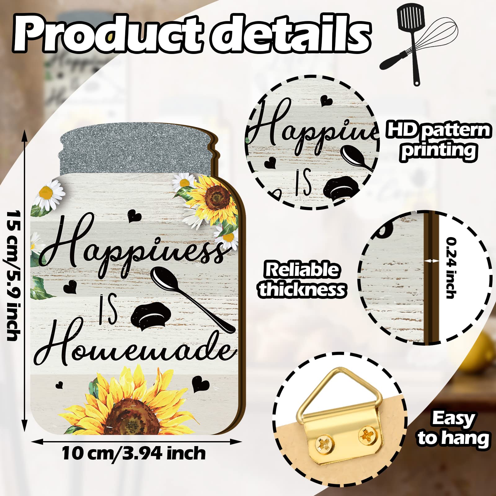 Qunclay 4-Piece Rustic Mason Jar Wall Decor - Farmhouse Kitchen Signs & Hanging Plaques (6x4in, Sunflower) for Home & Dining Room
