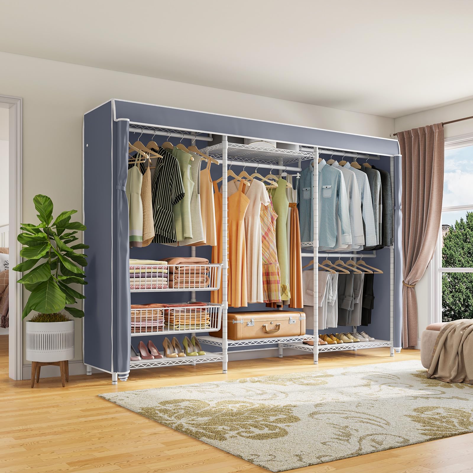 VIPEK V10C Plus Heavy Duty Portable Closet - Adjustable Wardrobe Storage Rack with Sliding Baskets & Grey Oxford Fabric Cover - Ideal for Bedroom, Dorm, Apartment, and Small Space Organization (White)
