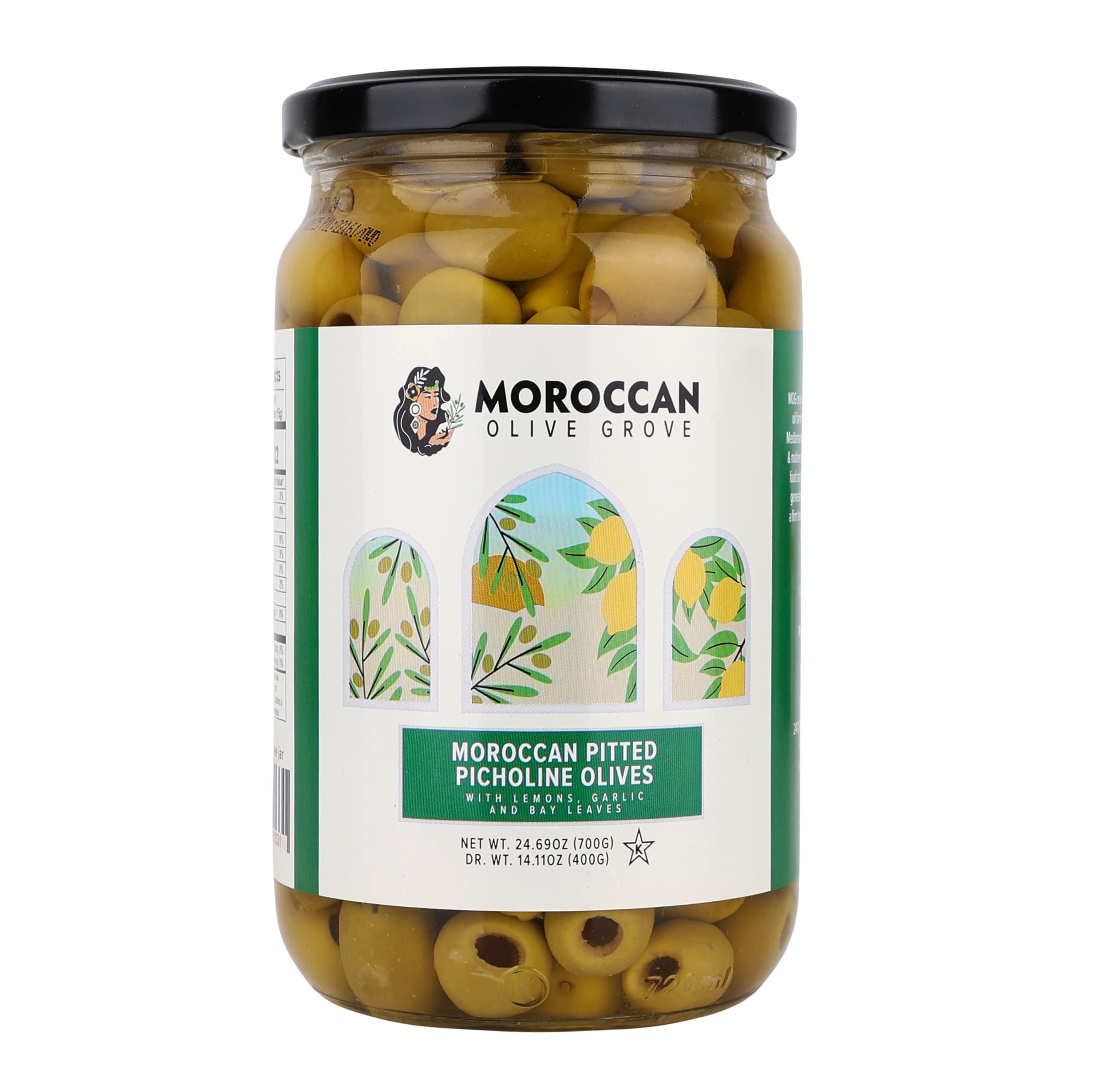 Premium Moroccan Picholine Pitted Olives - 26.28oz (740g) | Handpicked, Naturally Cured, Whole Olives from Morocco | Perfect for Martinis, Salads & Charcuterie Boards