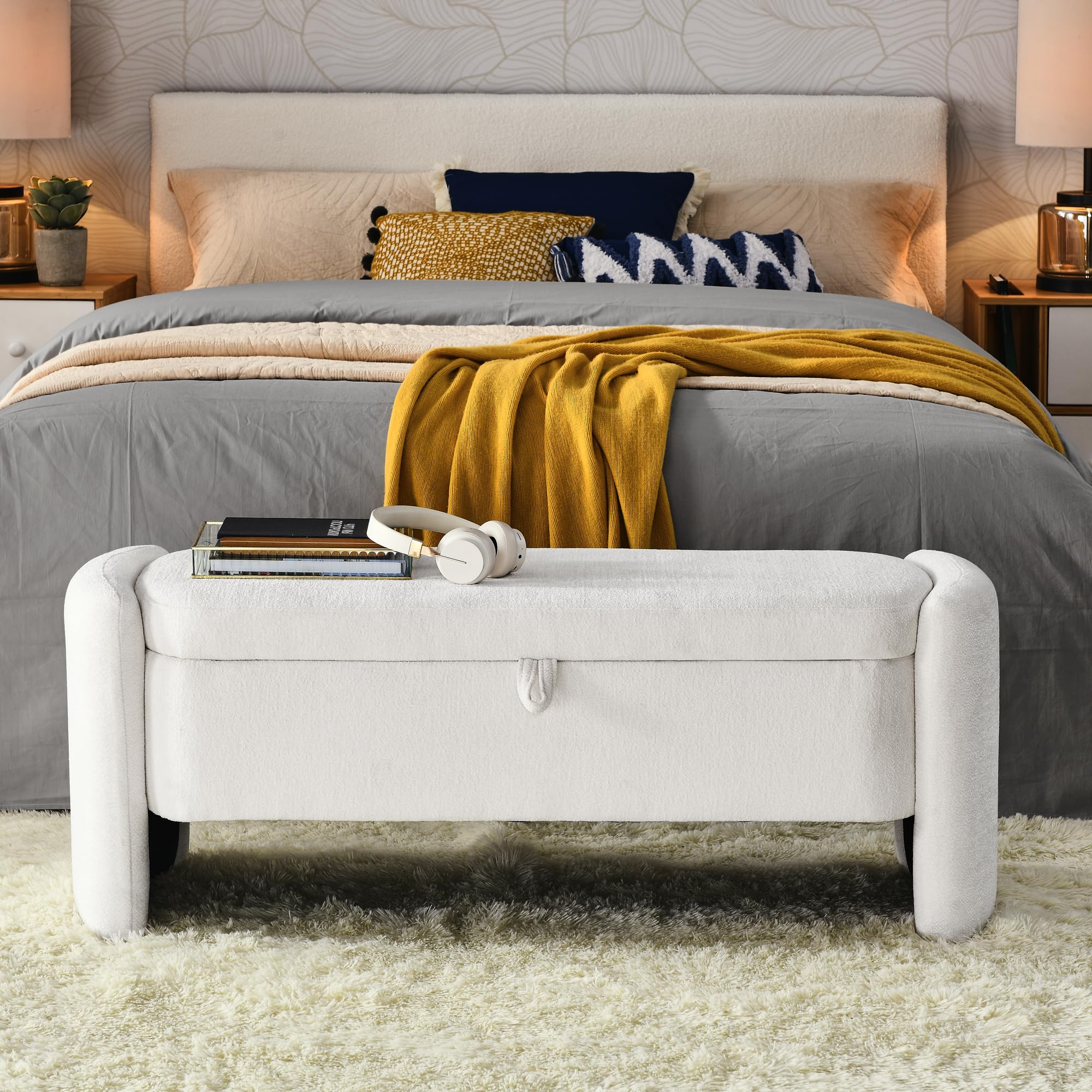 Oval Upholstered Storage Ottoman with Large Capacity - Chenille Fabric Bench for Living Room, Bedroom & Entryway - Cream White Storage Seat for Home Organization & Extra Seating