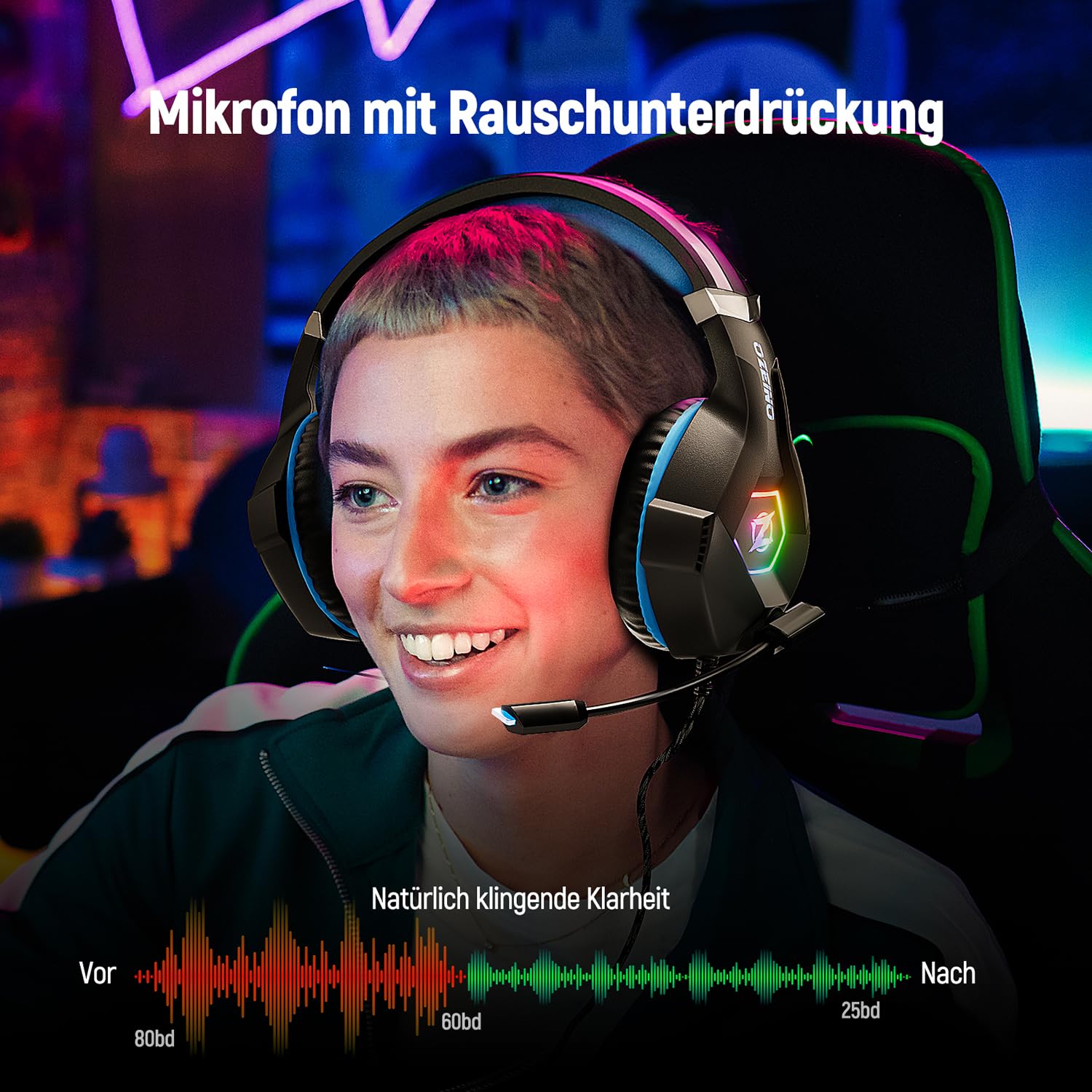 Ozeino Gaming Headset for PS4, PS5, PC - Wired Headphones with Noise Cancelling Mic, 3D Surround Sound & RGB Lights - Perfect for Gaming, Streaming & Online Chat