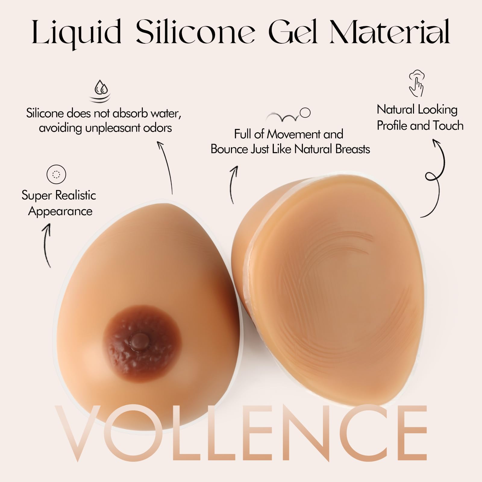 Vollence Silicone Breast Forms - Natural Looking Fake Boobs for Mastectomy, Transgender & Crossdressing - Comfortable Prosthesis for Daily Wear, Swimming & Special Occasions