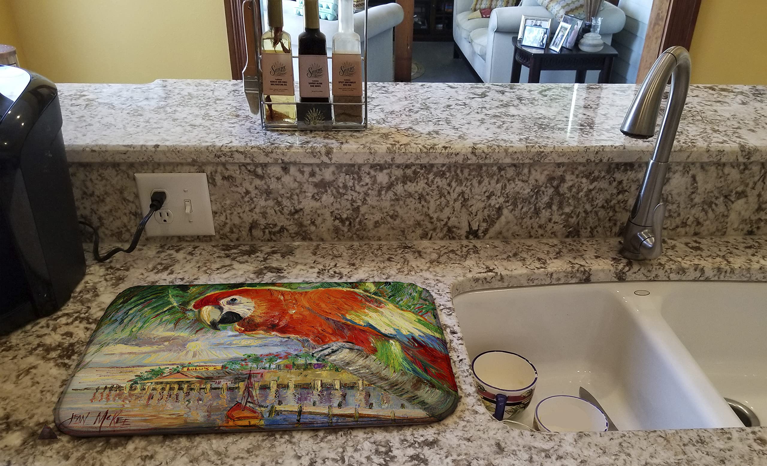 Red Parrot Dish Drying Mat - Absorbent Kitchen Counter Mat (14x21