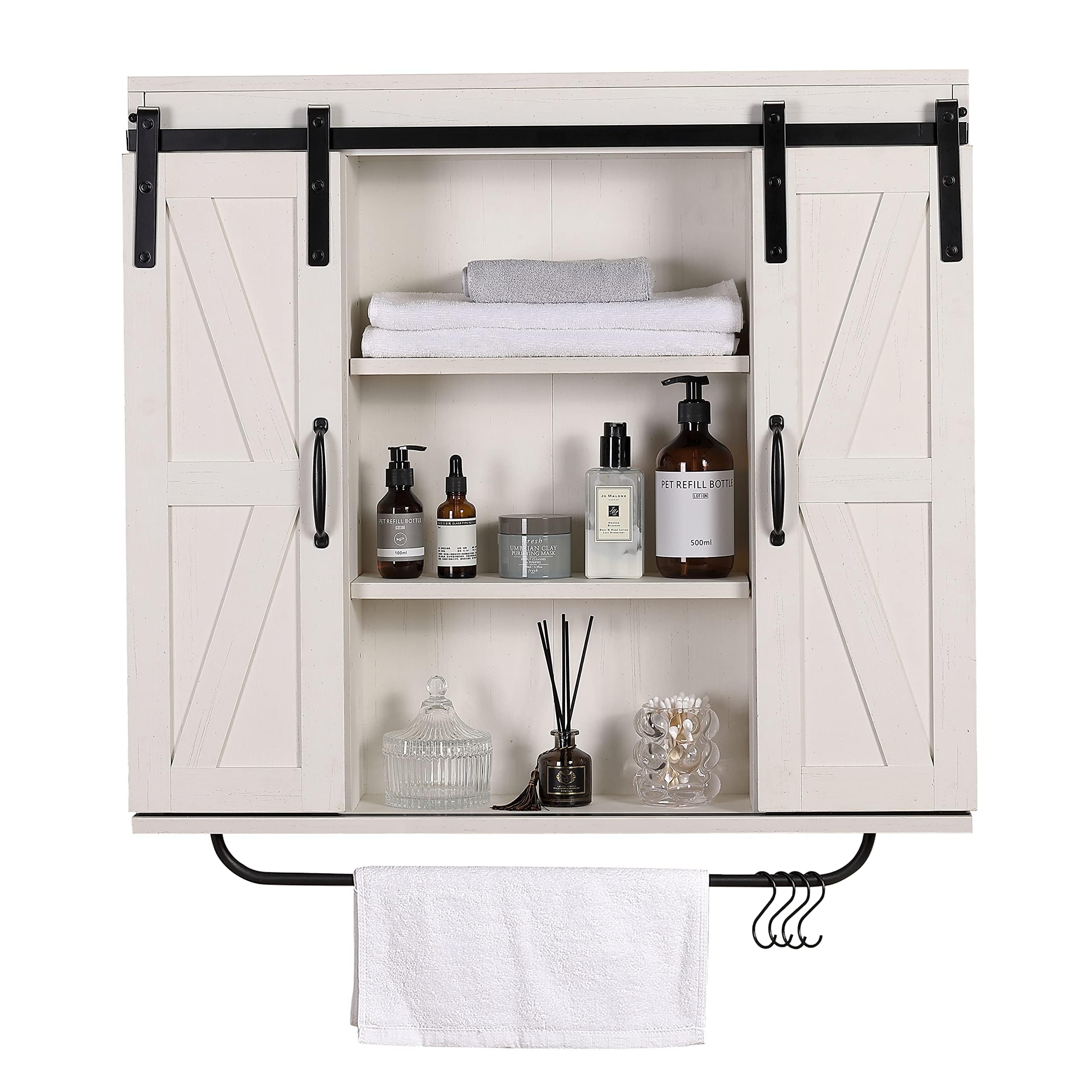Rustic Wood Wall Storage Cabinet with 2 Sliding Barn Doors - 3-Tier Farmhouse Vintage Cabinet for Kitchen, Bathroom & Living Room - Distressed White Finish - Perfect for Farmhouse Decor, Small Space Organization & Rustic Home Storage