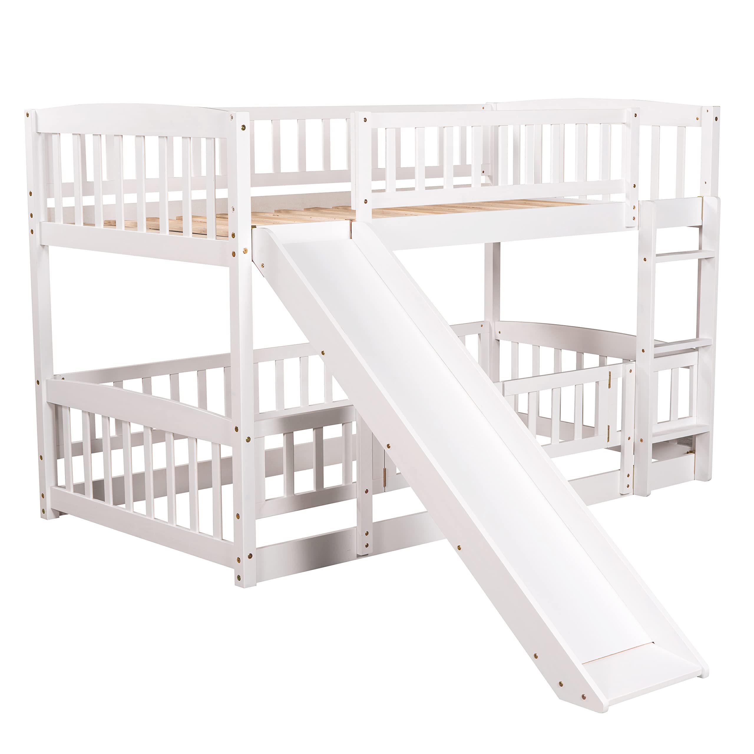 SOFTSEA Twin Over Twin Bunk Bed with Convertible Slide & Ladder - Wooden Low-Profile Bunk Bed Frame with Safety Guardrails, Fence & Door for Kids - Perfect for Small Bedrooms, Kids' Rooms & Sleepovers (White)
