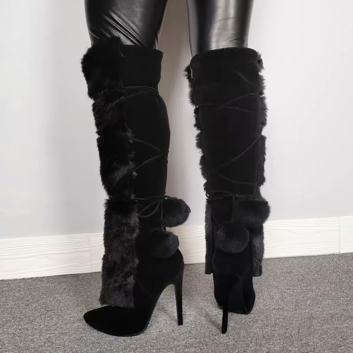 Frankie Hsu Women's Faux Fur Knee High Winter Boots - Sexy Plush Fuzzy Wide Calf Long Boots for Big Size US 4-14 - Perfect for Cold Weather, Snow Days & Fashion Outfits