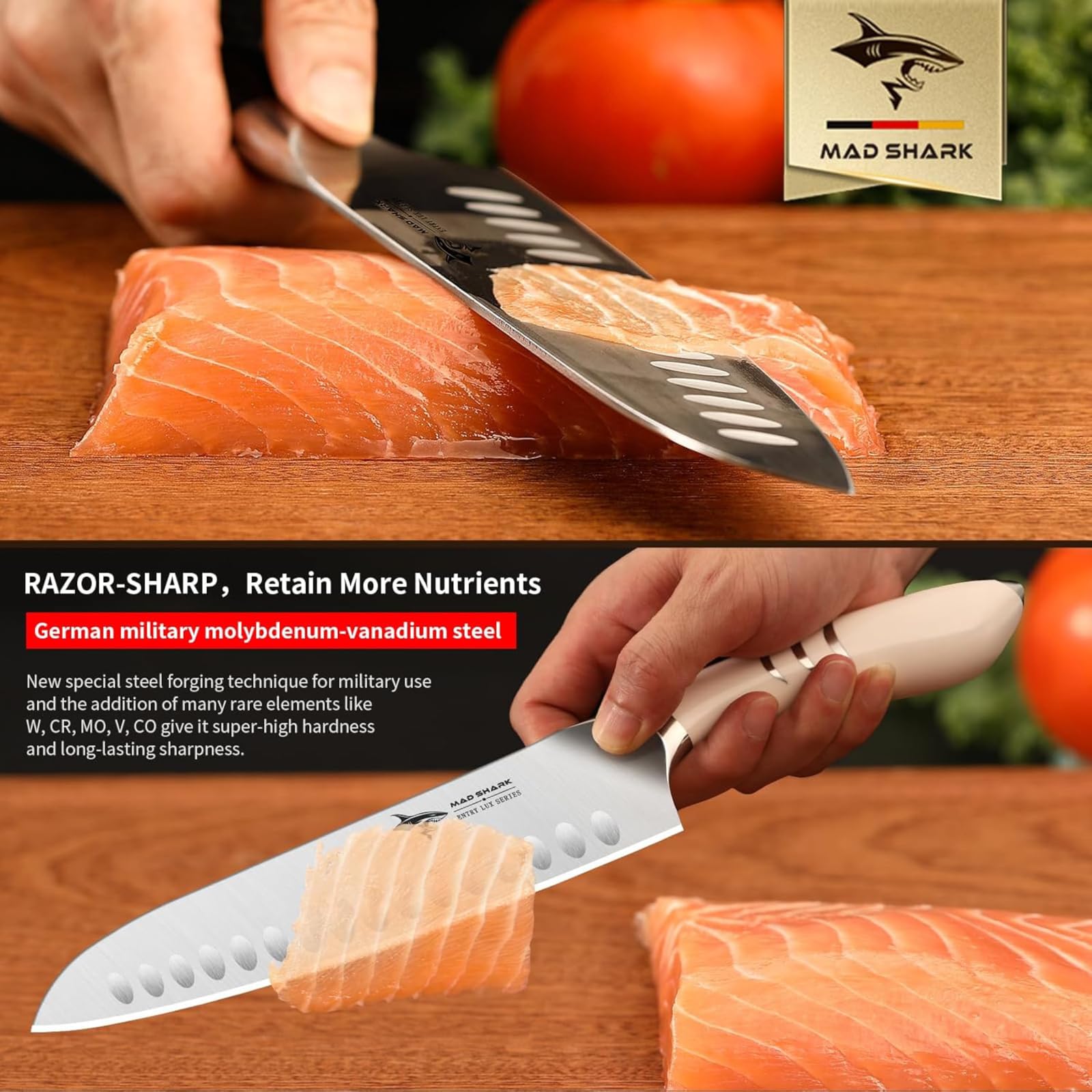 MAD SHARK 8 Inch Santoku Knife - Ultra Sharp Japanese Kitchen Knife with High Carbon German Steel & Ergonomic Handle - Perfect for Chopping, Slicing, and Dicing - Ideal Gift for Home Chefs and Cooking Enthusiasts