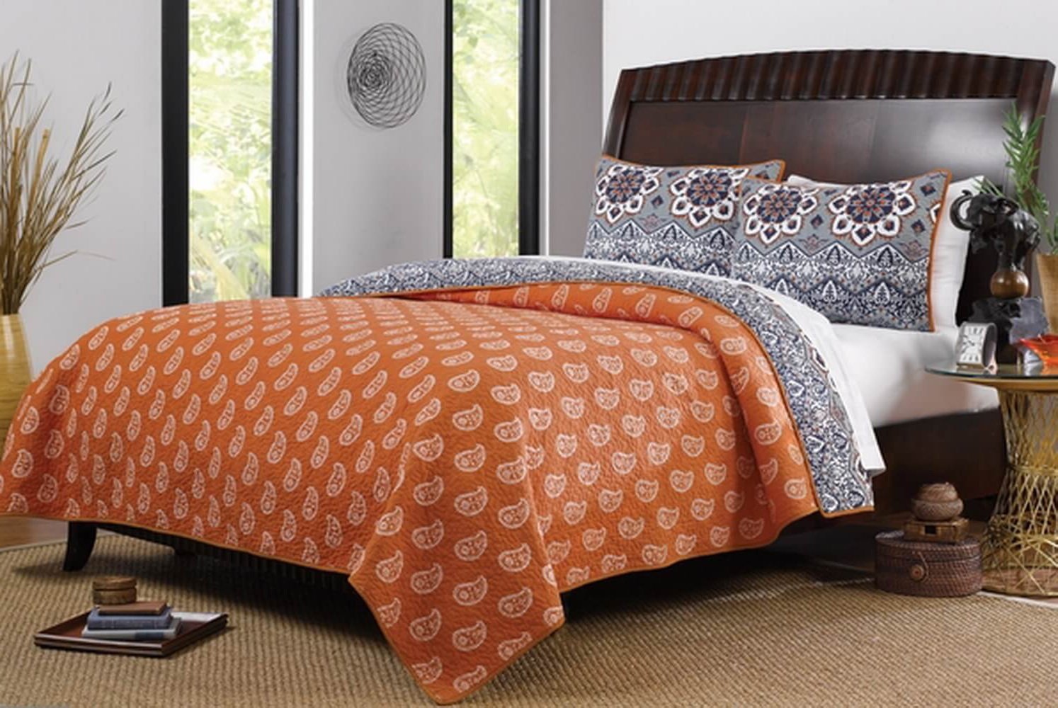 Boho Chic Moroccan Paisley Pattern Grey Orange Cotton 3-Piece Full/Queen Size Quilt Bedding Set - Soft & Stylish Bedspread for Bohemian Bedroom Decor