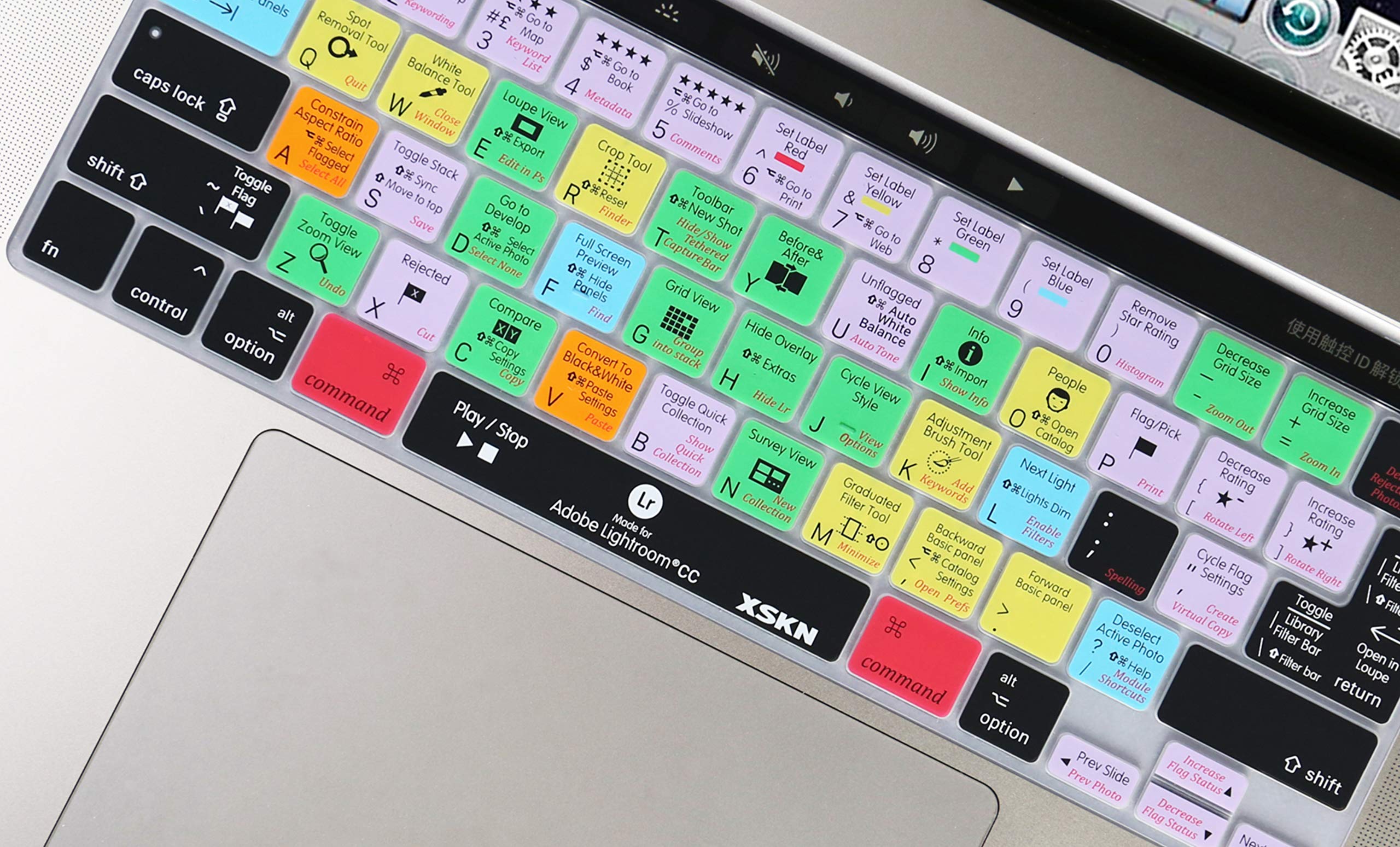XSKN Lightroom CC Shortcut Keyboard Cover - Compatible with MacBook Pro 16-inch A2141 (2019) & 13.3-inch A2338/M1/A2251/A2289 (2020) - Silicone Skin for Touch Bar & Touch ID - US/EU Version - Perfect for Photo Editing & Creative Work