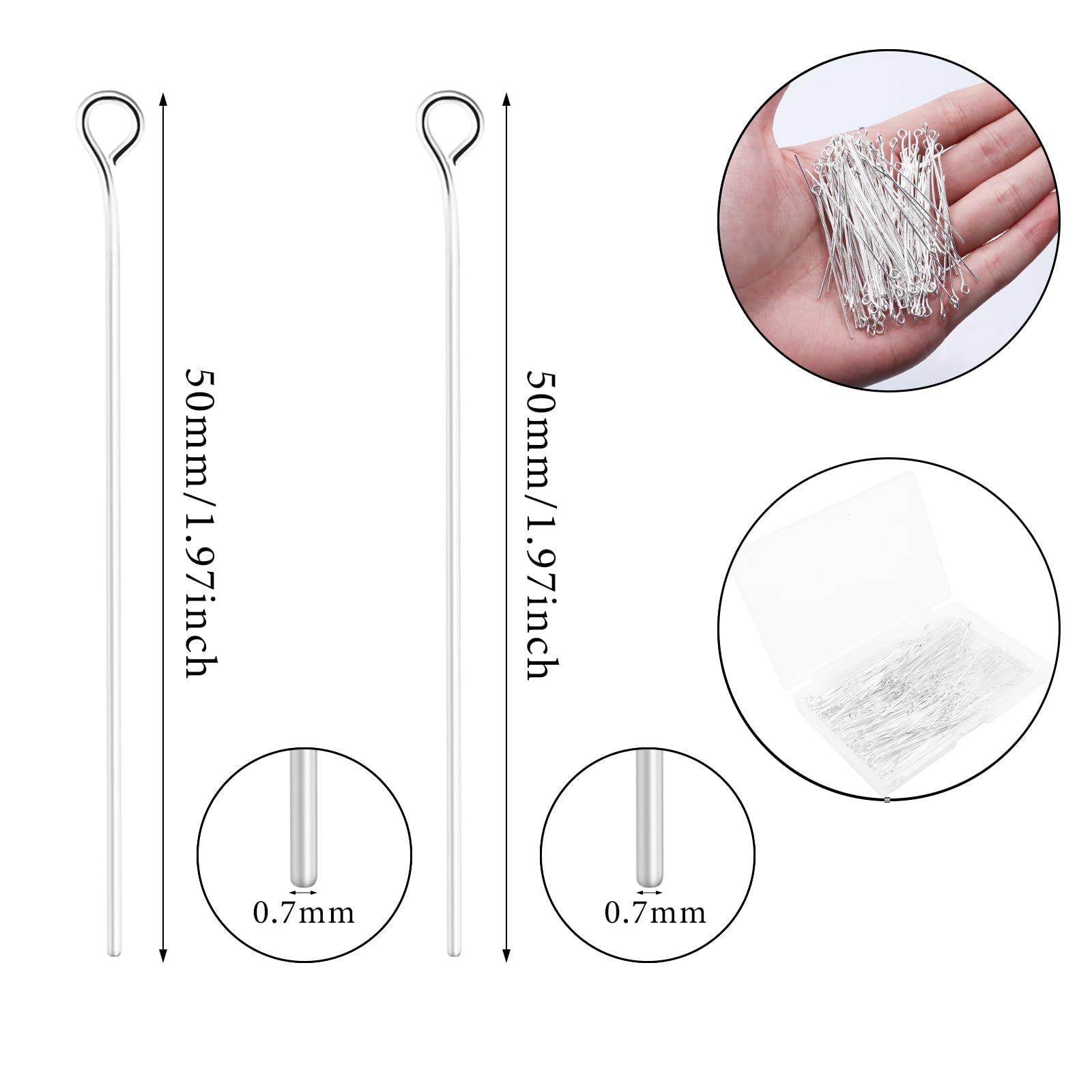 50mm Silver Eye Pins 200pcs - Jewelry Making Supplies for Earrings, Bracelets & Necklaces