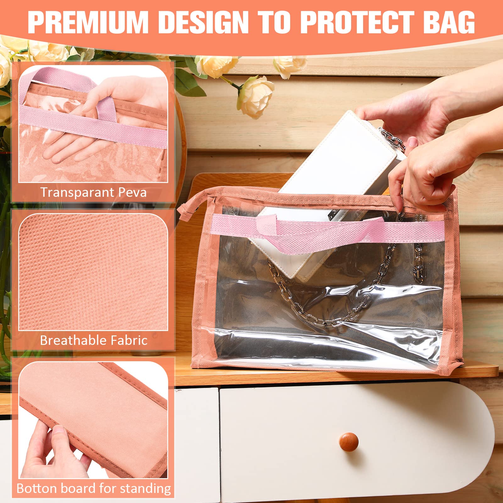 Shappy 15-Piece Clear Dust Cover Organizer Bags for Handbags & Purses - 3 Sizes (5 Each) with Zipper & Handles - Pink Handbag Storage Bags for Closet Organization | Perfect for Travel, Home Storage & Luxury Bag Protection