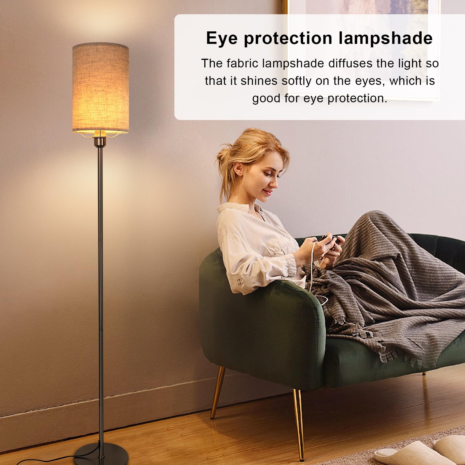 Osairous Modern Floor Lamp with Linen Lampshade - E27 Bulb Compatible Standing Light for Living Room, Bedroom & Office - Perfect for Reading Nook, Home Decor and Workspace Lighting