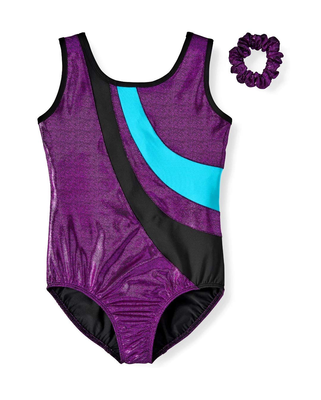 Gymnastics & Dance Elite Foil Leotard with Keyhole Back - Matching Scrunchie for Girls Size M 7-8 - Sparkly Pink Performance Wear - Perfect for Competitions, Recitals, Ballet, Cheerleading & Stage Shows