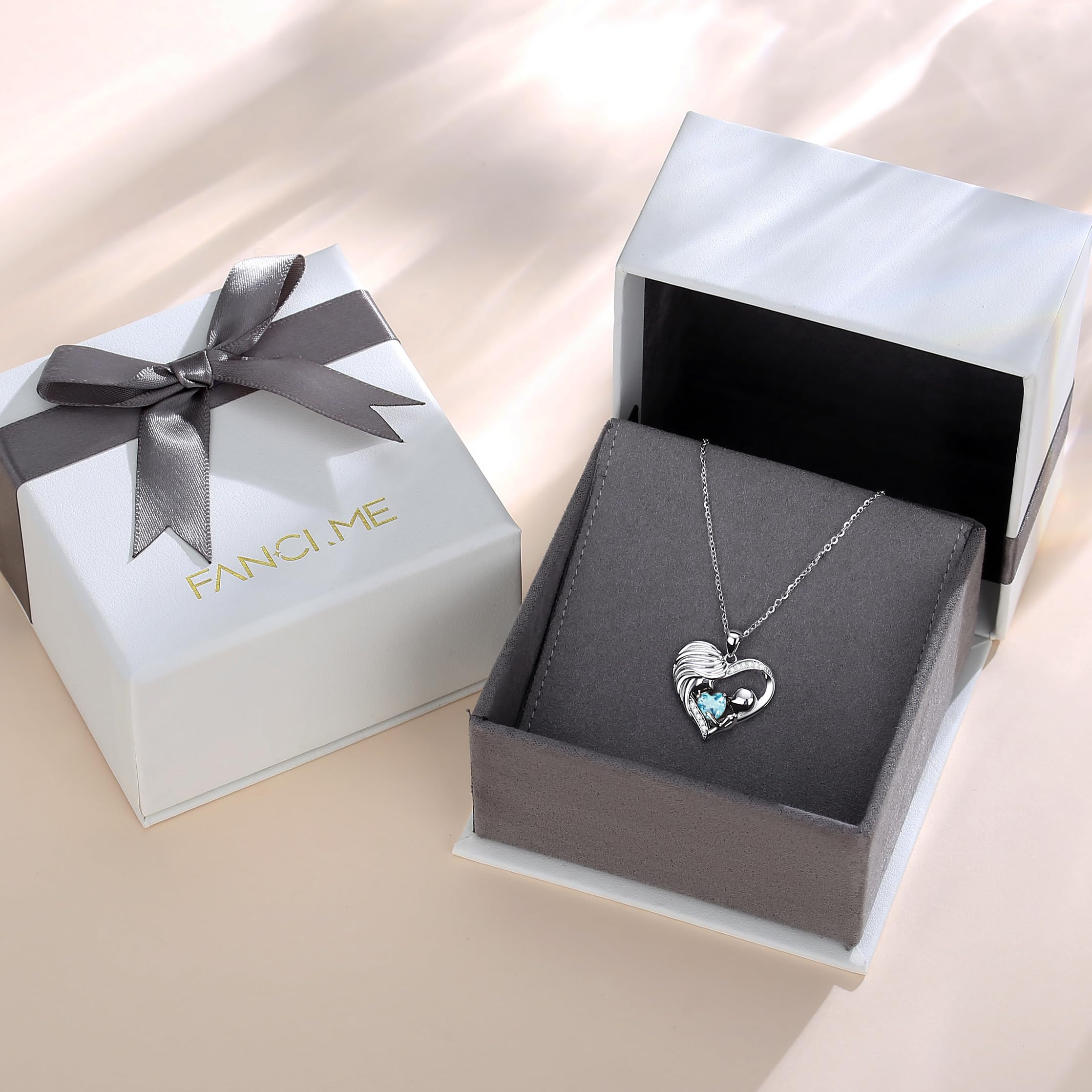 FANCIME Sterling Silver Mom Birthstone Necklace - Personalized Mother and Child Heart Pendant - I Love You Mom Gift for Mother's Day, Birthday, Anniversary - 16