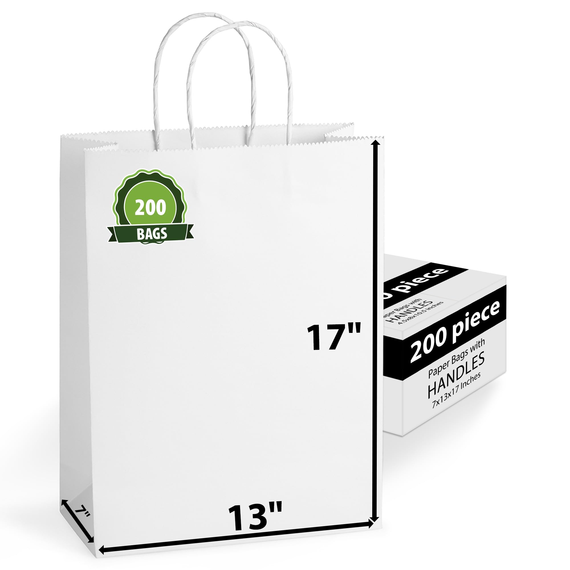 200 Pack White Kraft Paper Gift Bags with Handles 13x7x17 Inches - Eco-Friendly Bulk Shopping Bags for Retail, Parties, Weddings & Crafts | Perfect for Gift Wrapping, Merchandise Packaging & Business Use