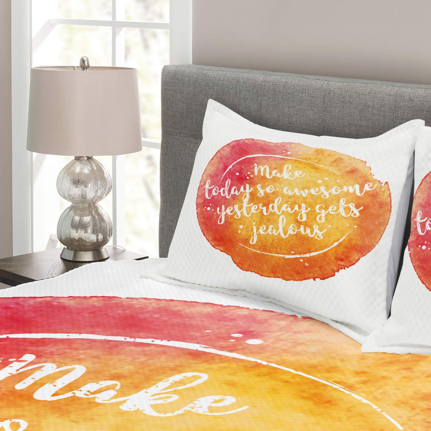 Ambesonne 3-Piece King Size Bedspread Set with 2 Pillow Shams - Grunge Style Happiness Quote on Vibrant Dark Coral Orange Yellow Background - Perfect for Modern Bedroom Decor & Guest Room Styling