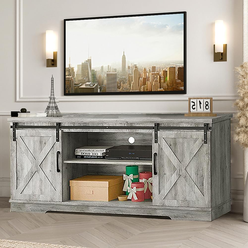 Farmhouse TV Stand for 65 Inch TV - Gray Entertainment Center with Barn Doors, Storage & Shelves - Modern Media Console Cabinet for Living Room, Bedroom & Home Theater Setup