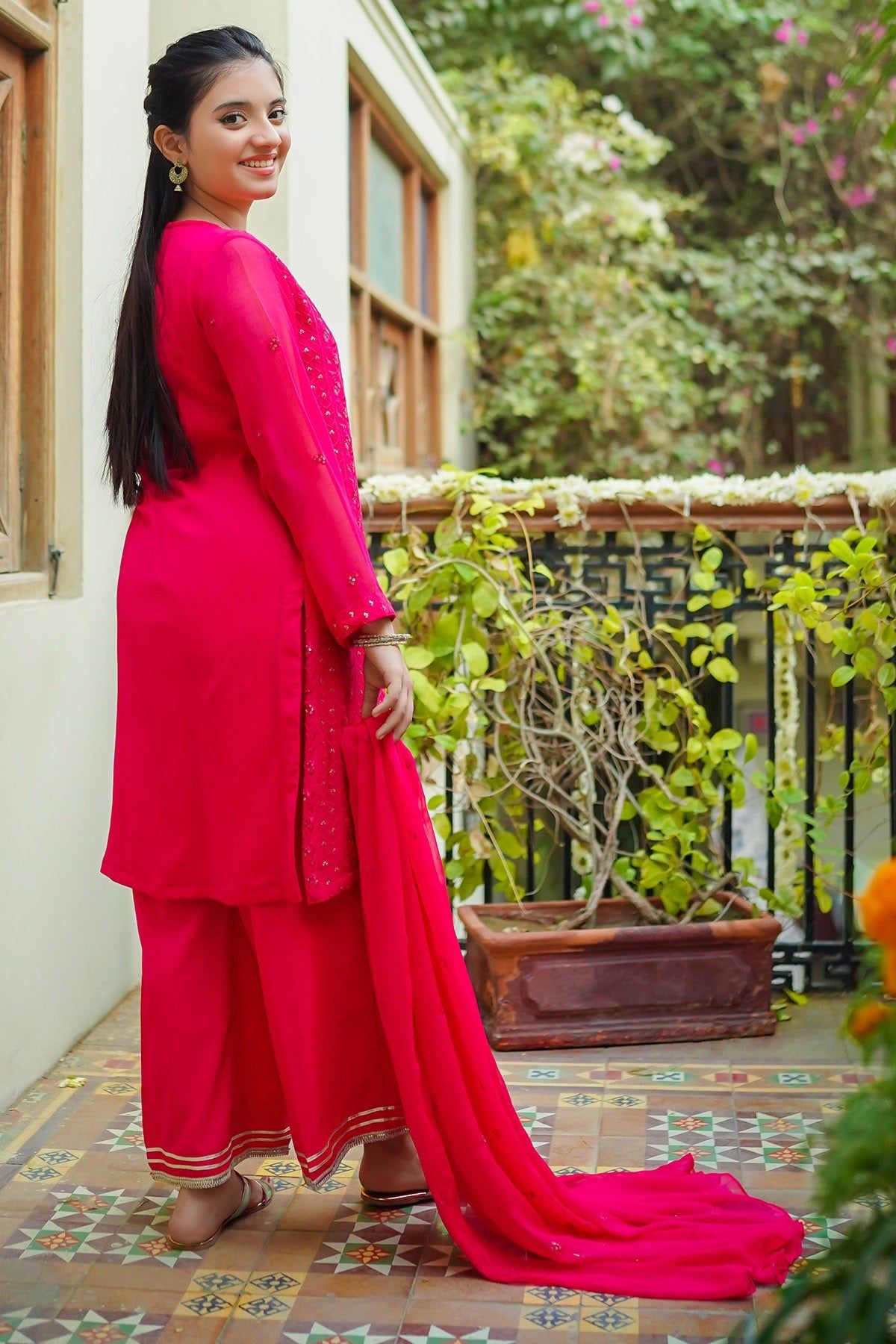 Elegant Chiffon Embroidered Red 3-Piece Stitched Suit in Ochre | Traditional Indian Ethnic Wear for Weddings & Festive Occasions