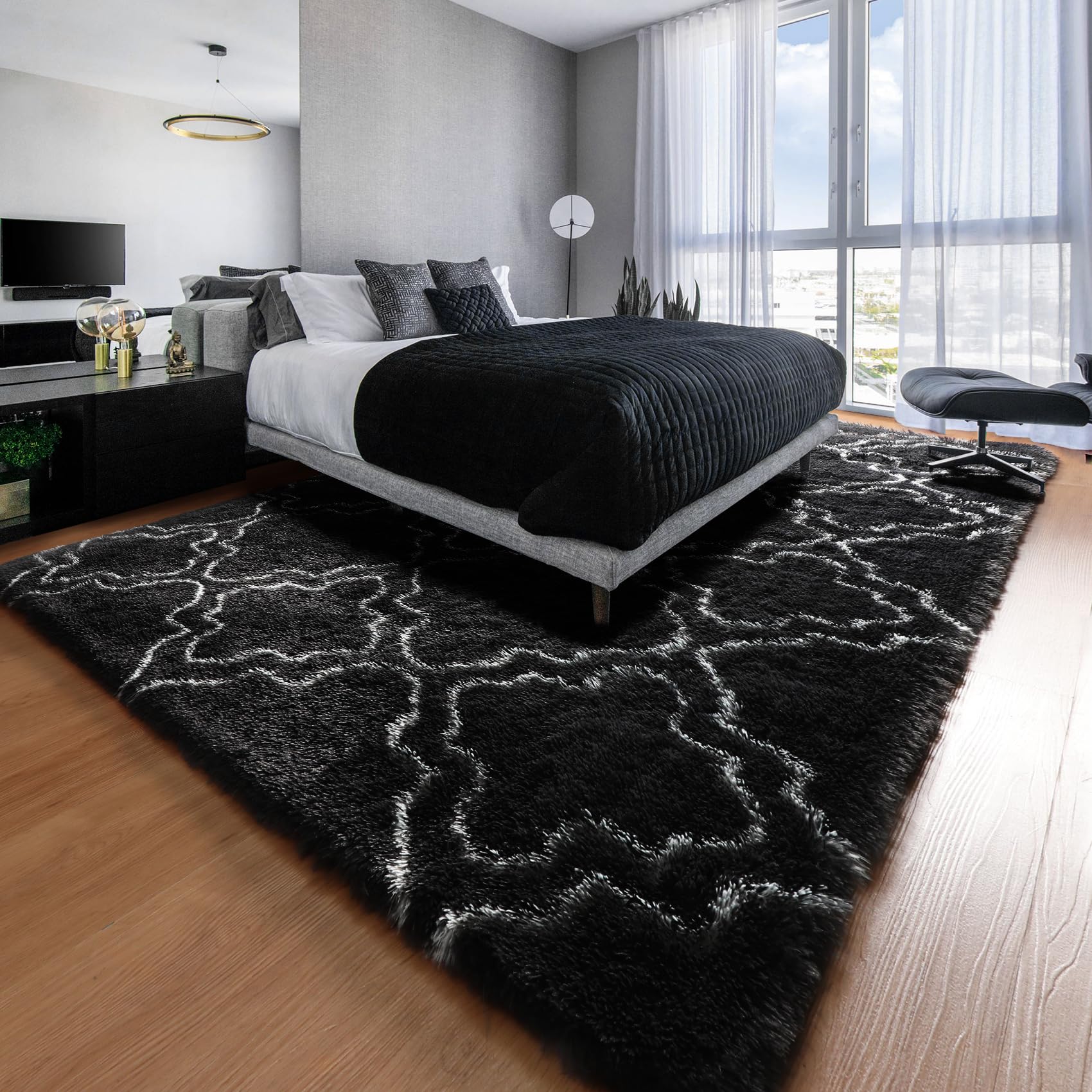 Fluffy 8x10 Area Rugs for Living Room - Soft Plush Shaggy Fur Rug with Black Geometric Pattern, Modern Fuzzy Carpet for Bedroom, Dorm, Kids Room Decor - Perfect for Cozy Home, Office & Nursery (Black and White)