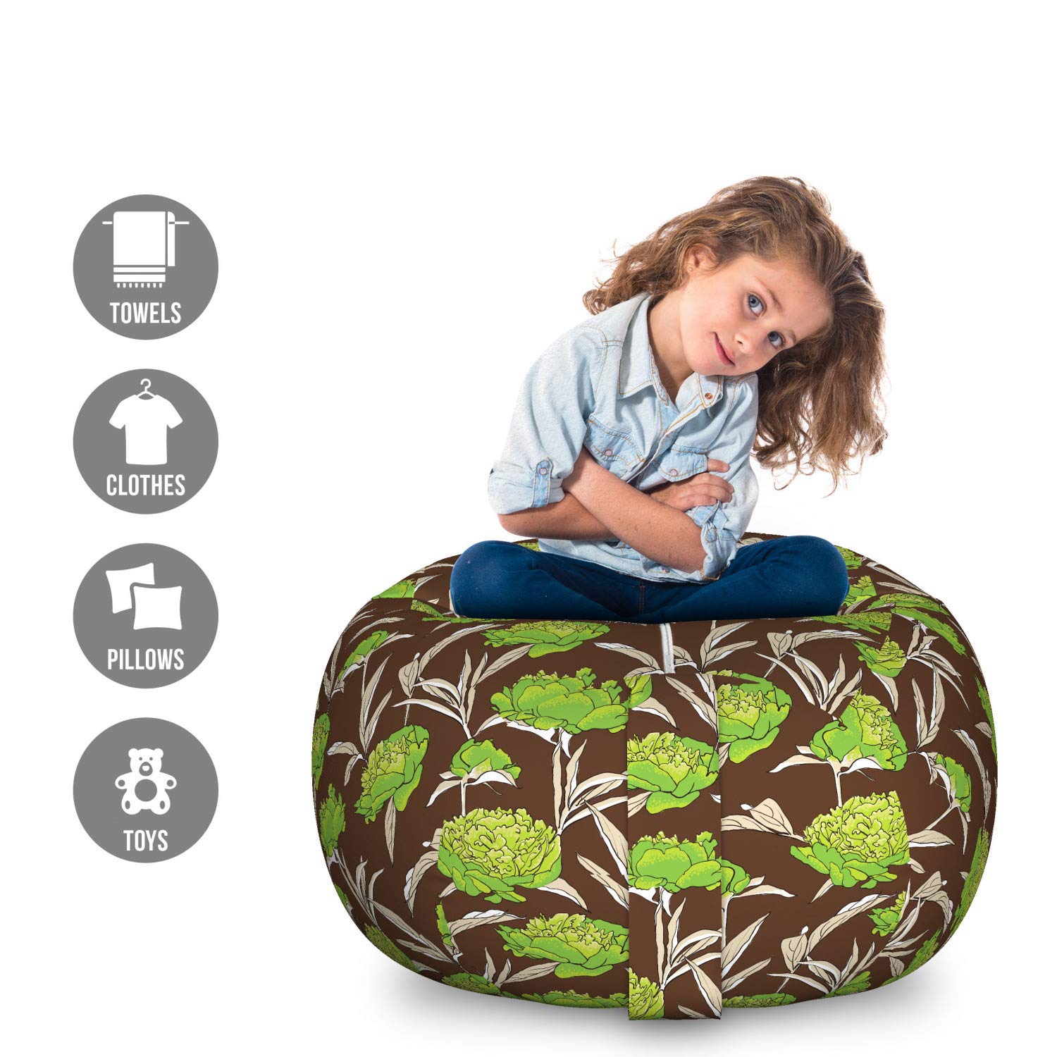 Ambesonne Large Washable Toy Storage Bag Chair - Abstract Floral Pattern with Nostalgic Leaves, Stuffed Animal Organizer in Brown & Lime Green | Perfect for Kids' Room, Nursery, and Playroom Organization