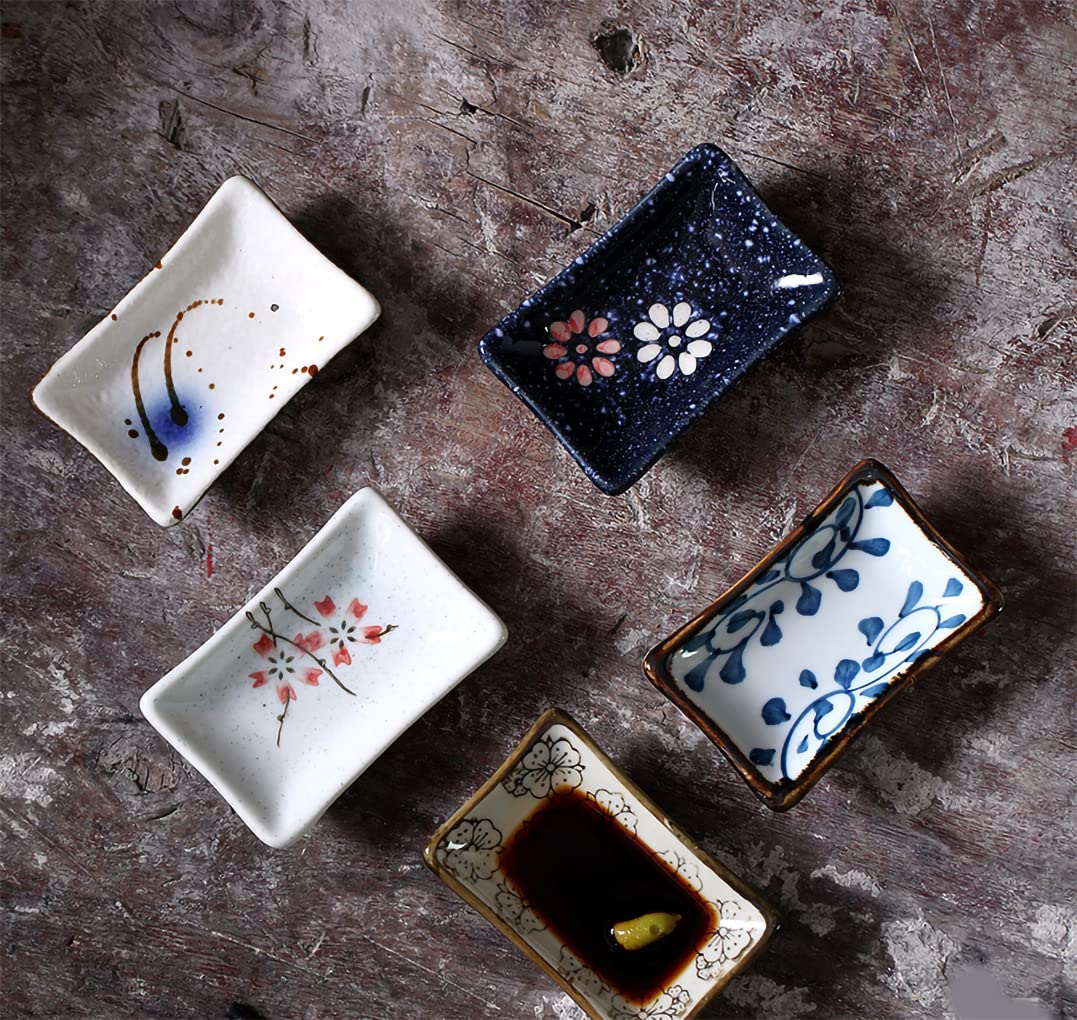 WAIT FLY 5-Piece Set Hand-Painted Blue Dot Porcelain Rectangular Side Dishes Bowls - Perfect for Sushi Soy Sauce, Seasoning, and Dipping Sauces | Ideal for Japanese Cuisine, Restaurants, and Home Dining
