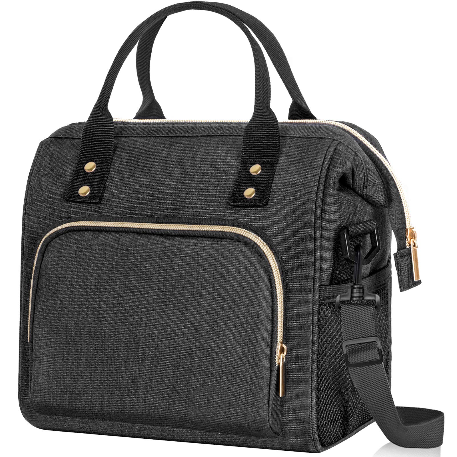 Insulated Reusable Lunch Bag for Women - Leakproof Large Lunch Tote with Adjustable Shoulder Strap & Multi-Pockets | Perfect for Work, Office, Picnic, Hiking & Outdoor Activities (Black)