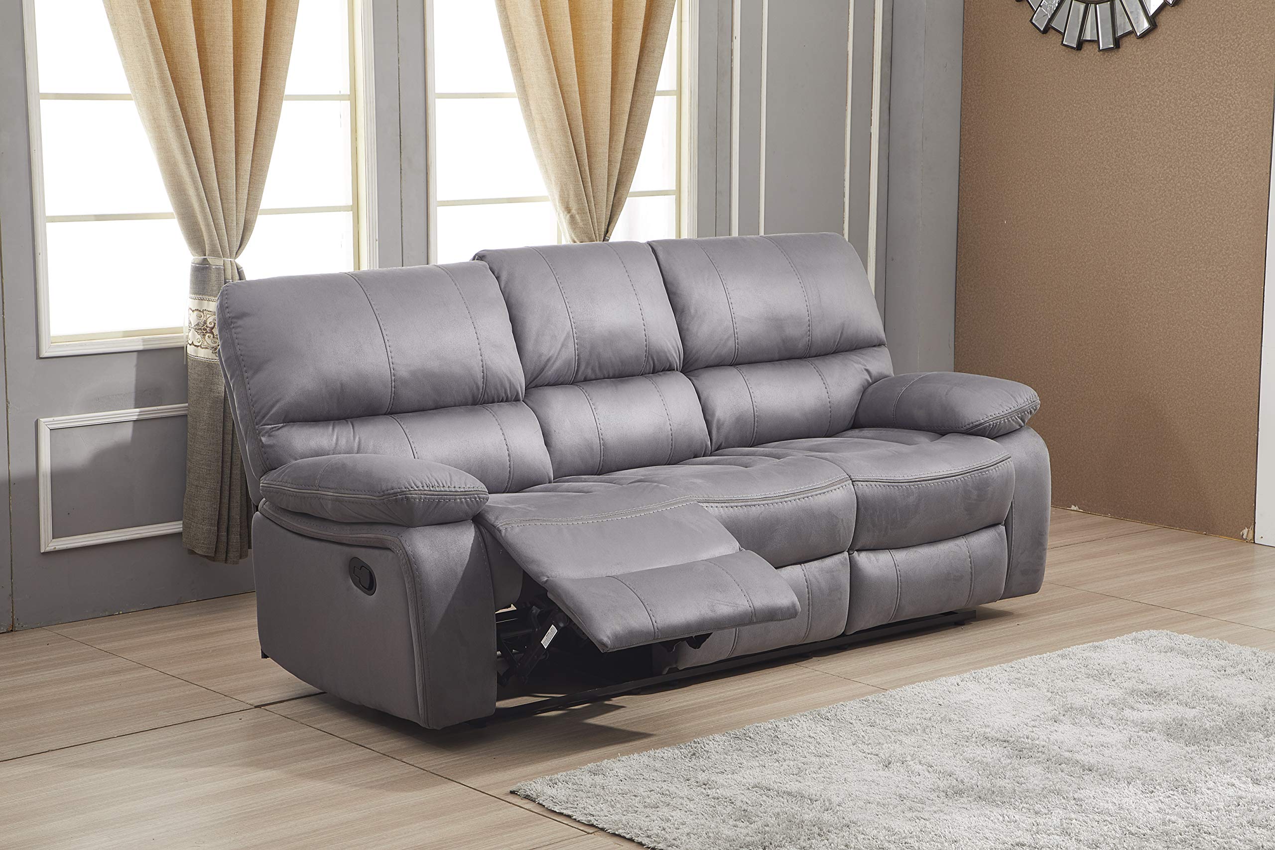 Betsy Furniture Microfiber Reclining Sofa Set with Recliner - 8007 Series Grey Living Room Couch for Home Theater, Family Lounge & Relaxation