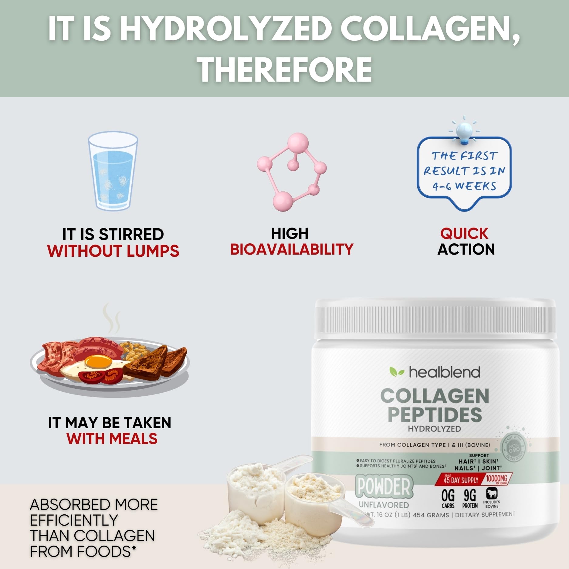 Healblend Hydrolyzed Bovine Collagen Powder - Multi Collagen Peptides Protein Supplement for Hair, Skin & Nail Health - 45 Servings (Perfect for Coffee, Smoothies & Daily Wellness Routine)