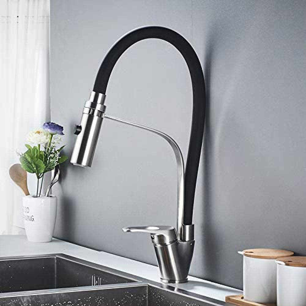 DWSS® Brushed Nickel Kitchen Faucet with Pull Down Sprayer, Swivel Spout, Rubber Design, Hot Cold Mixer Tap for Modern Kitchen and Bathroom Sinks