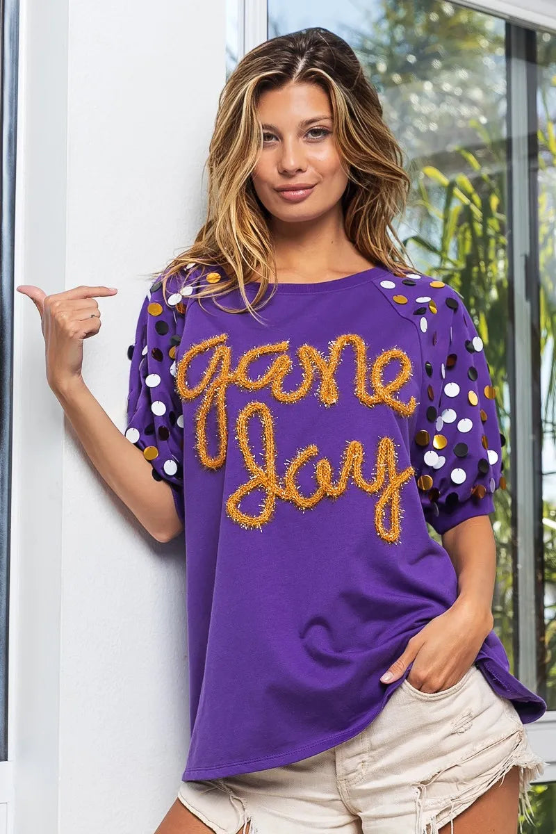 BiBi Game Day Metallic Letter Spangle Sleeve Top - Stylish Women's Party Blouse for Football Games, Concerts & Night Out