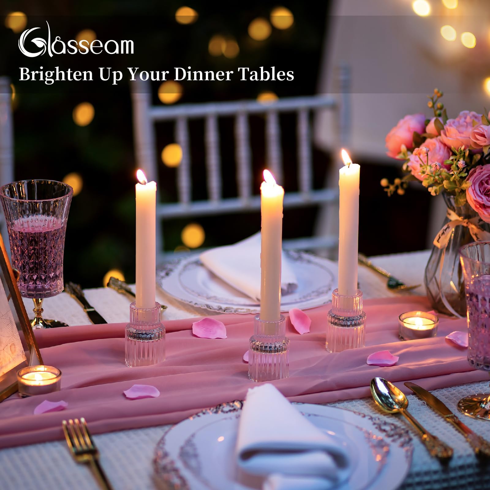 Glasseam Clear Glass Candle Stick Holders Set of 10 - Modern Ribbed Taper Candle Holders for Dining Table Centerpiece, Wedding Decor, Romantic Dinner Ambiance & Home Decoration