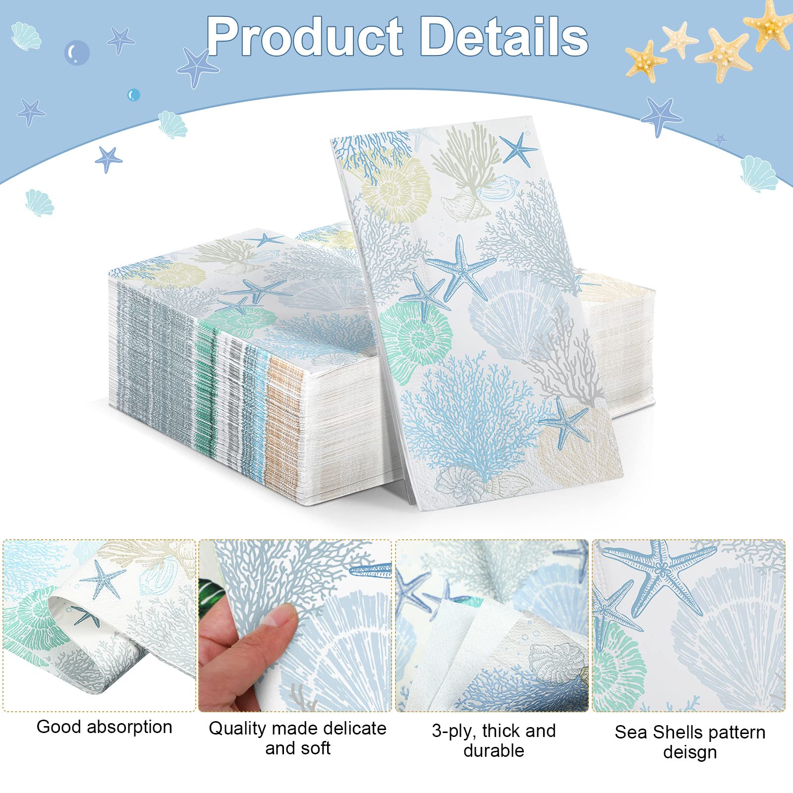 Funrous 200-Pack 3-Ply Seashell Napkins Bulk - Summer Ocean Beach Themed Paper Guest Towels, 7.9 x 4.3 Inches (Coral) - Perfect for Coastal Weddings, Nautical Parties & Bathroom Decor