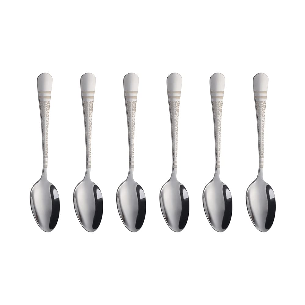 Premium Stainless Steel Espresso Spoons Set of 6 - Elegant Silver Unique Pattern Design, 5.5 Inch Mini Dessert Teaspoons for Coffee, Tea, Demitasse & Afternoon Tea Parties - Perfect for Home, Cafe & Restaurant Use