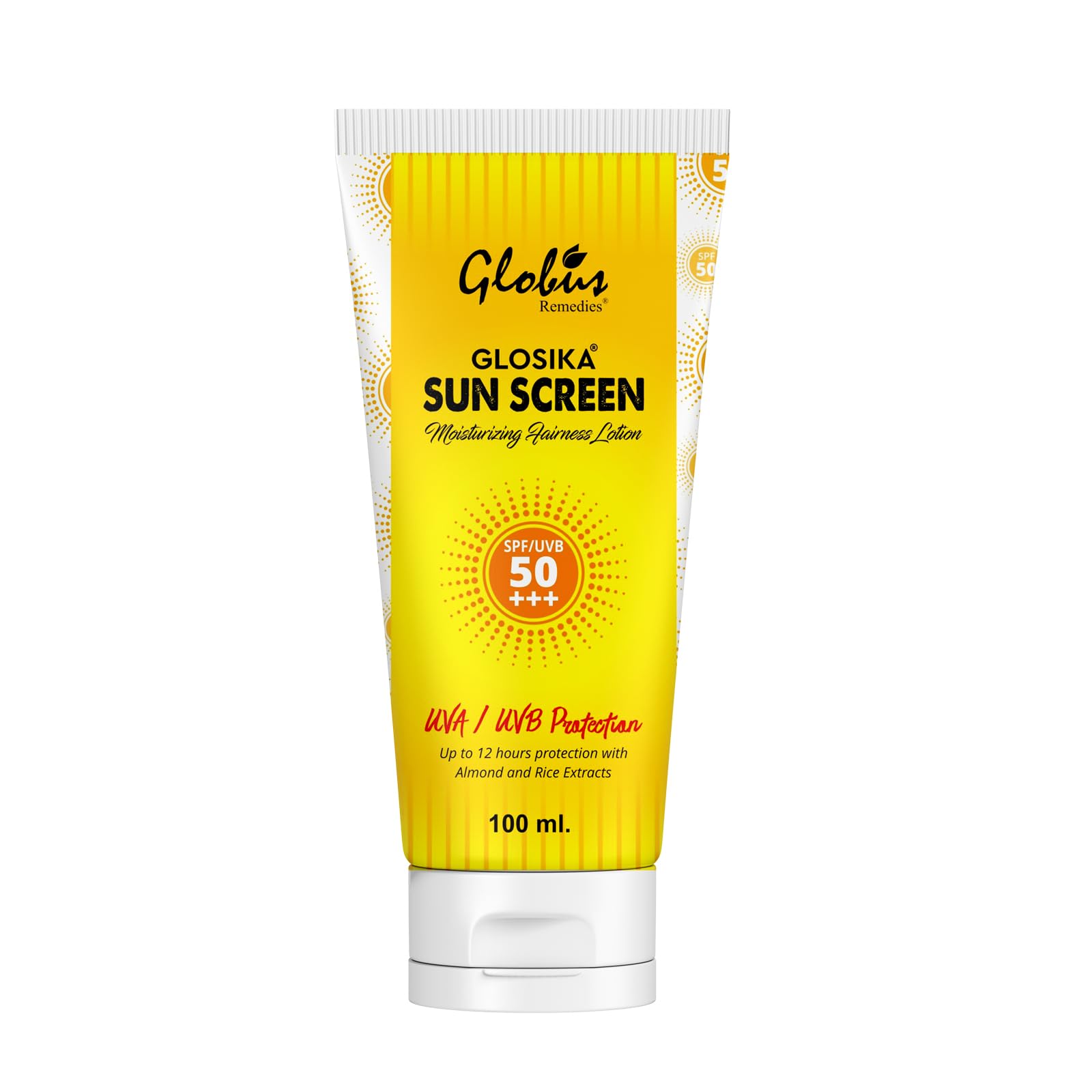 Globus Remedies Glosika SPF 50 PA+++ Sunscreen Lotion with Almond & Rose Extract - 12 Hours Sun Protection - Moisturizing & Anti-Aging Face & Body Sunscreen for Daily Outdoor Activities, Beach & Swimming